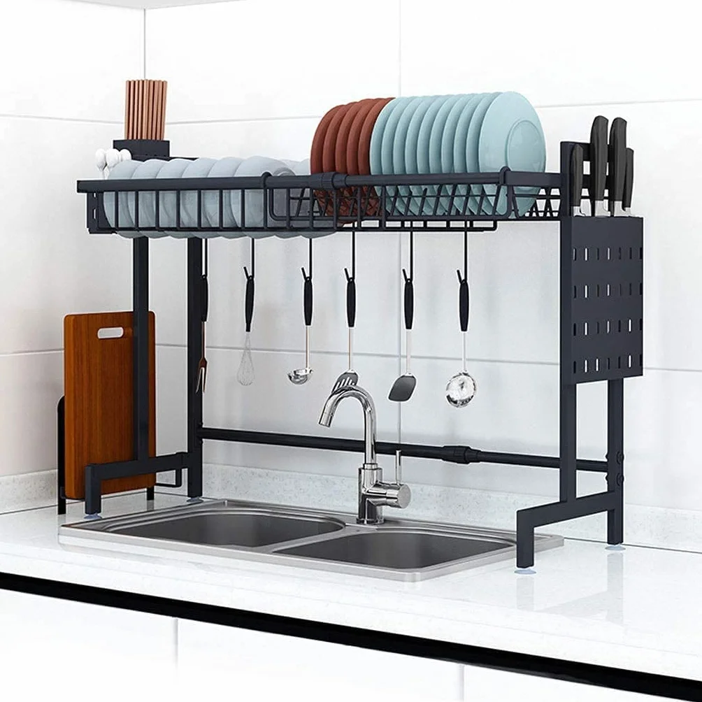 Escurridor de Platos para Cocina, Escurridor de Platos, Escurridor de Platos de Acero Inoxidable Ajustable de una Sola Capa con Soporte para Utensilios Y Palillos, Cesta de Almacenamiento con Ganchos
