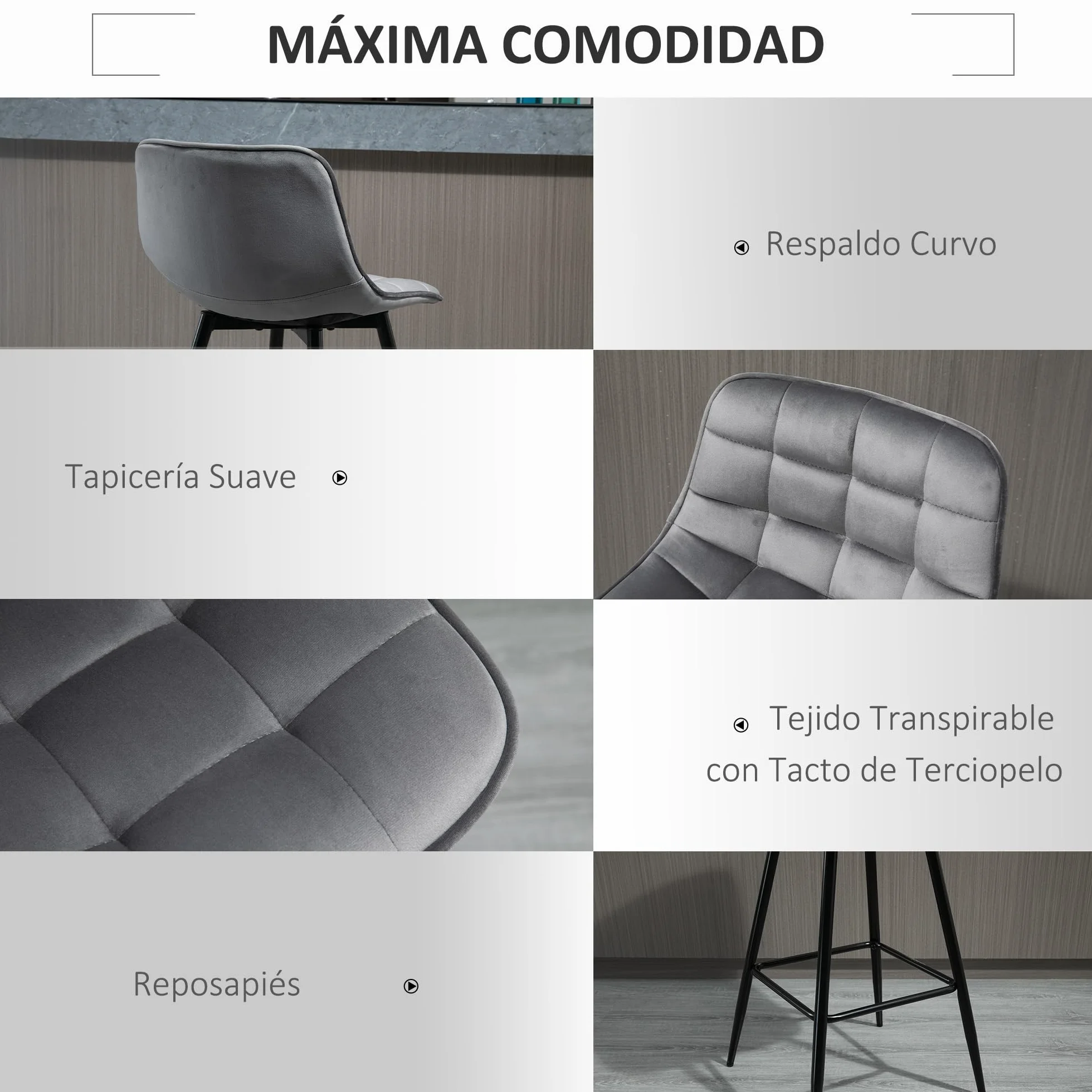 HOMCOM Conjunto de 2 Taburetes Altos de Cocina Sillas Altas de Cocina con Respaldo y Reposapiés Carga 120 kg para Bar Salón Comedor Gris