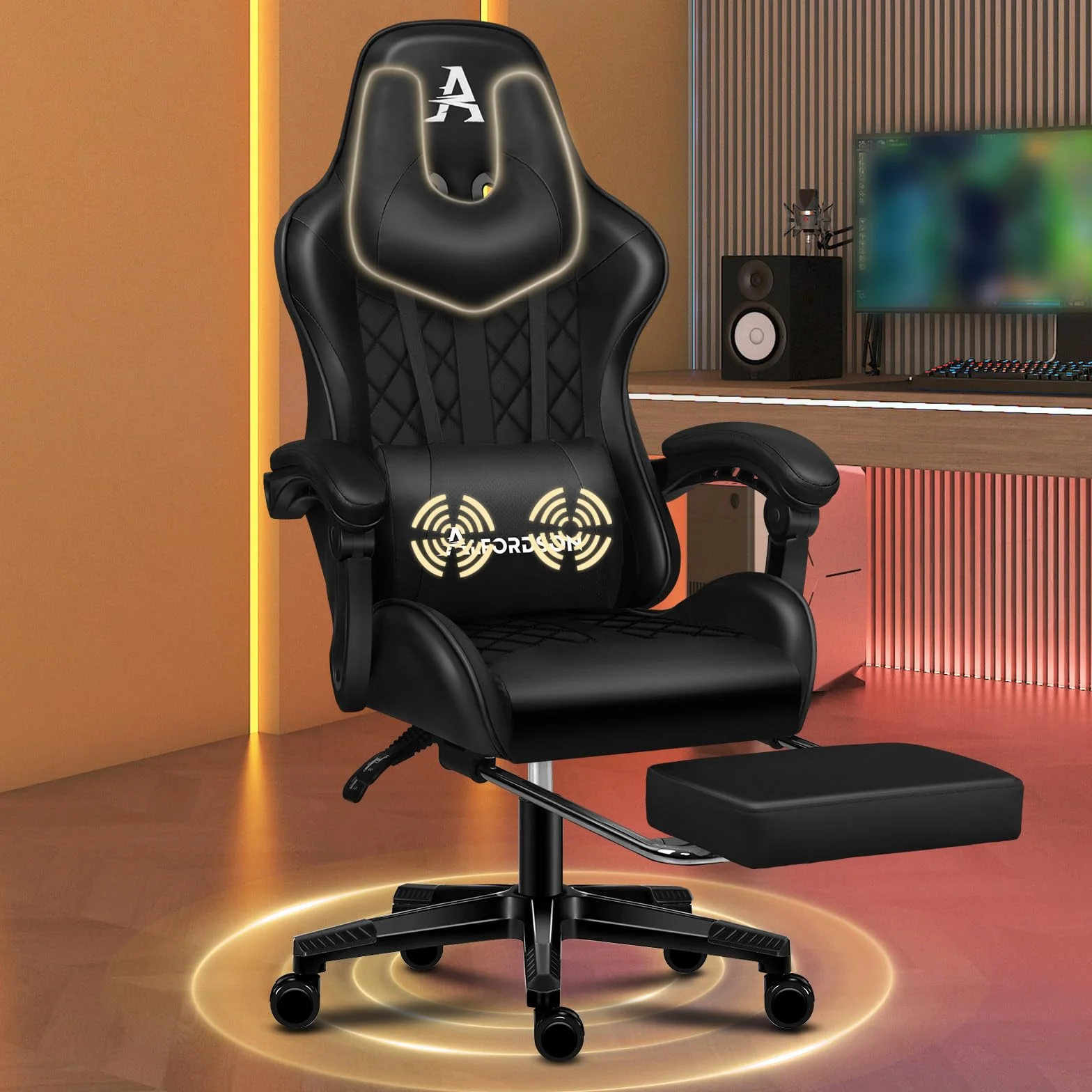 ALFORDSON Silla Gaming Ergonómica Reclinable con Cojín Lumbar y Cervical,Silla Gamer con Masaje y Reposapiés Retráctil,Altura Ajustable, para Ordenador,Oficina,Videojuego,Escritorio, Cuero PU(Negra)