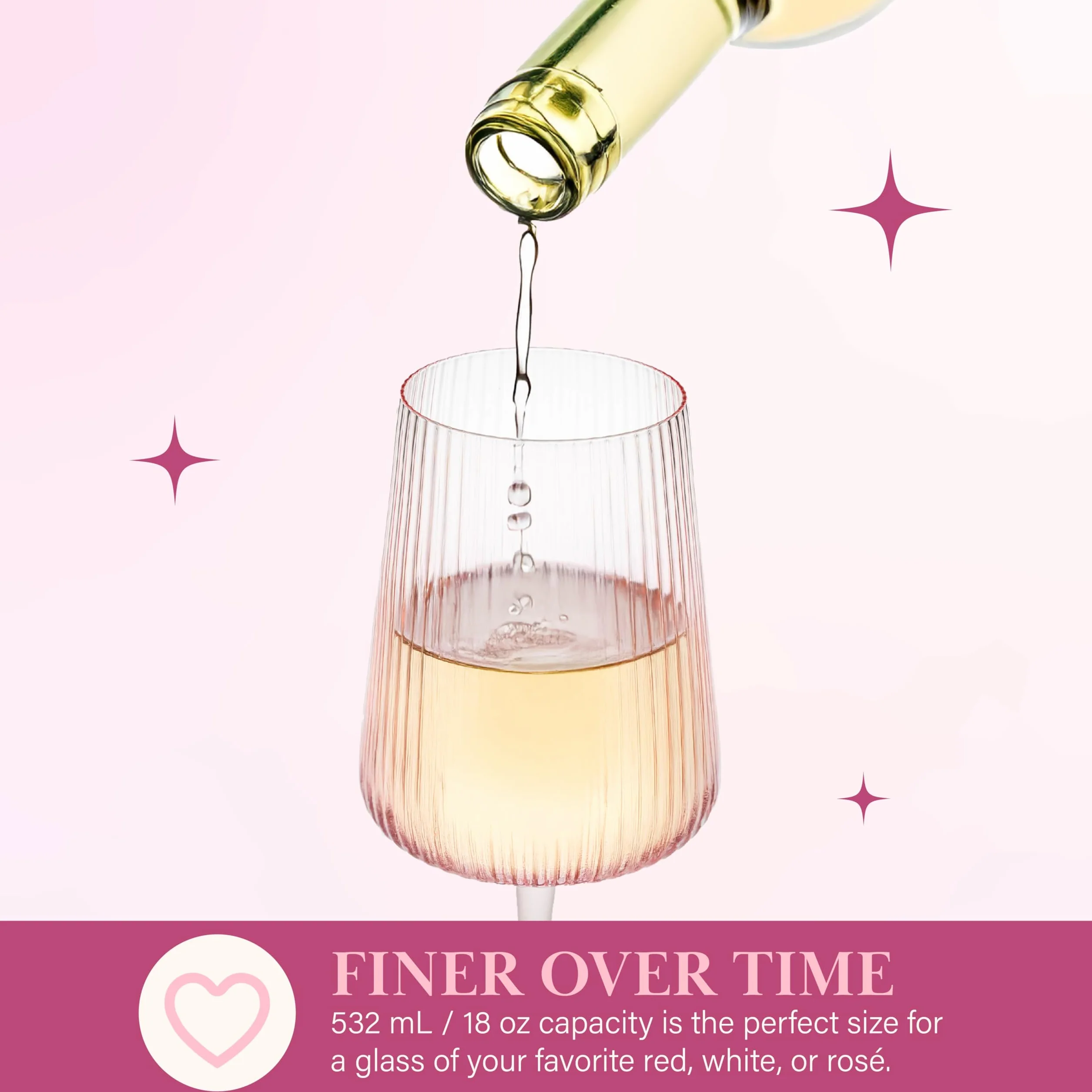 Paris Hilton Juego de copas de vino acanaladas, elegante cristalería estriada, perfecta para vino tinto o vino blanco, juego de 2, 18 onzas, rosa