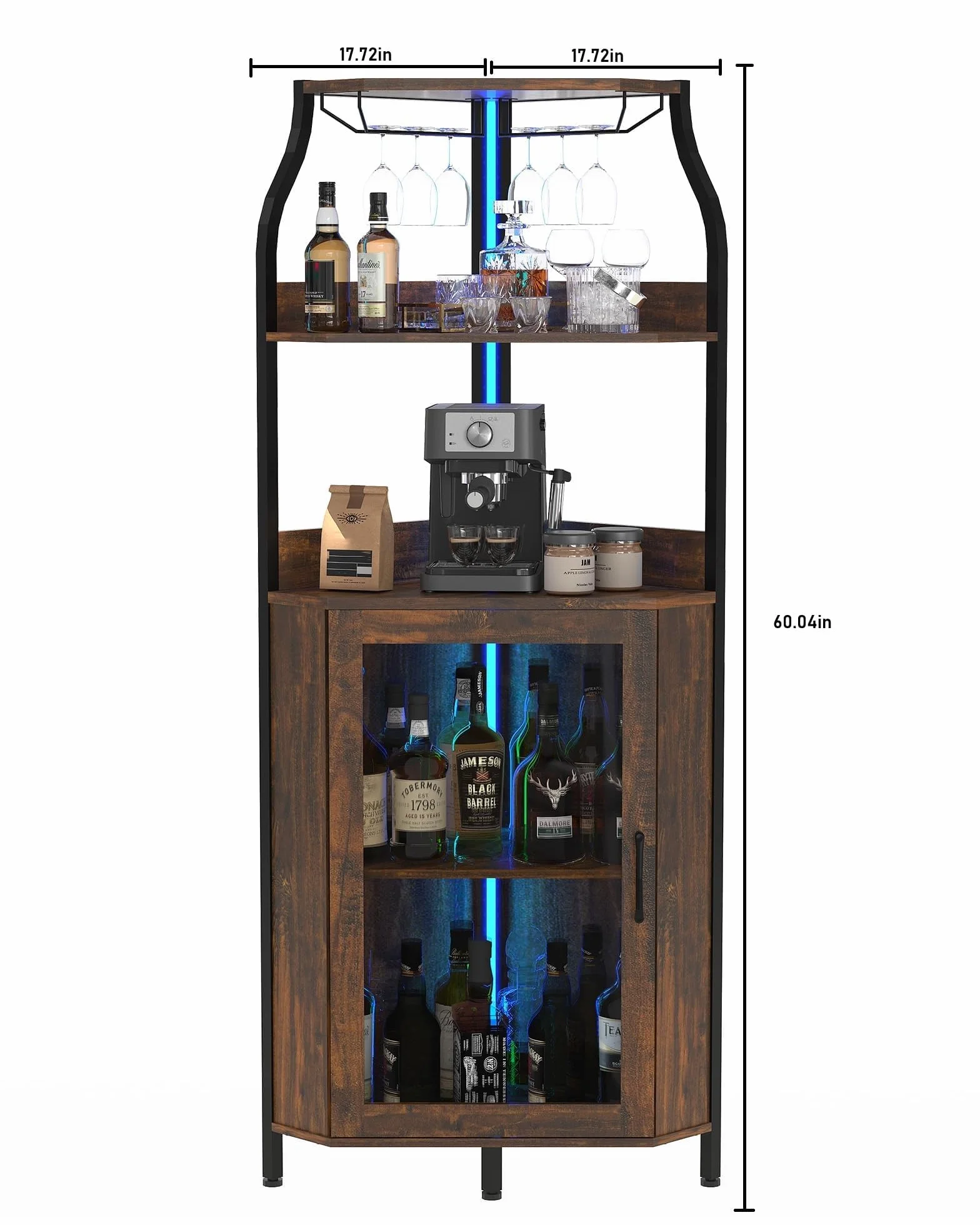 Armario de Vino Esquinero con Luces LED, Mueble Bar Industrial de 5 Niveles, Toma de carga lateral, Puerta de vidrio, estantes ajustables y soporte para copas, ideal para salón o comedor, Marrón
