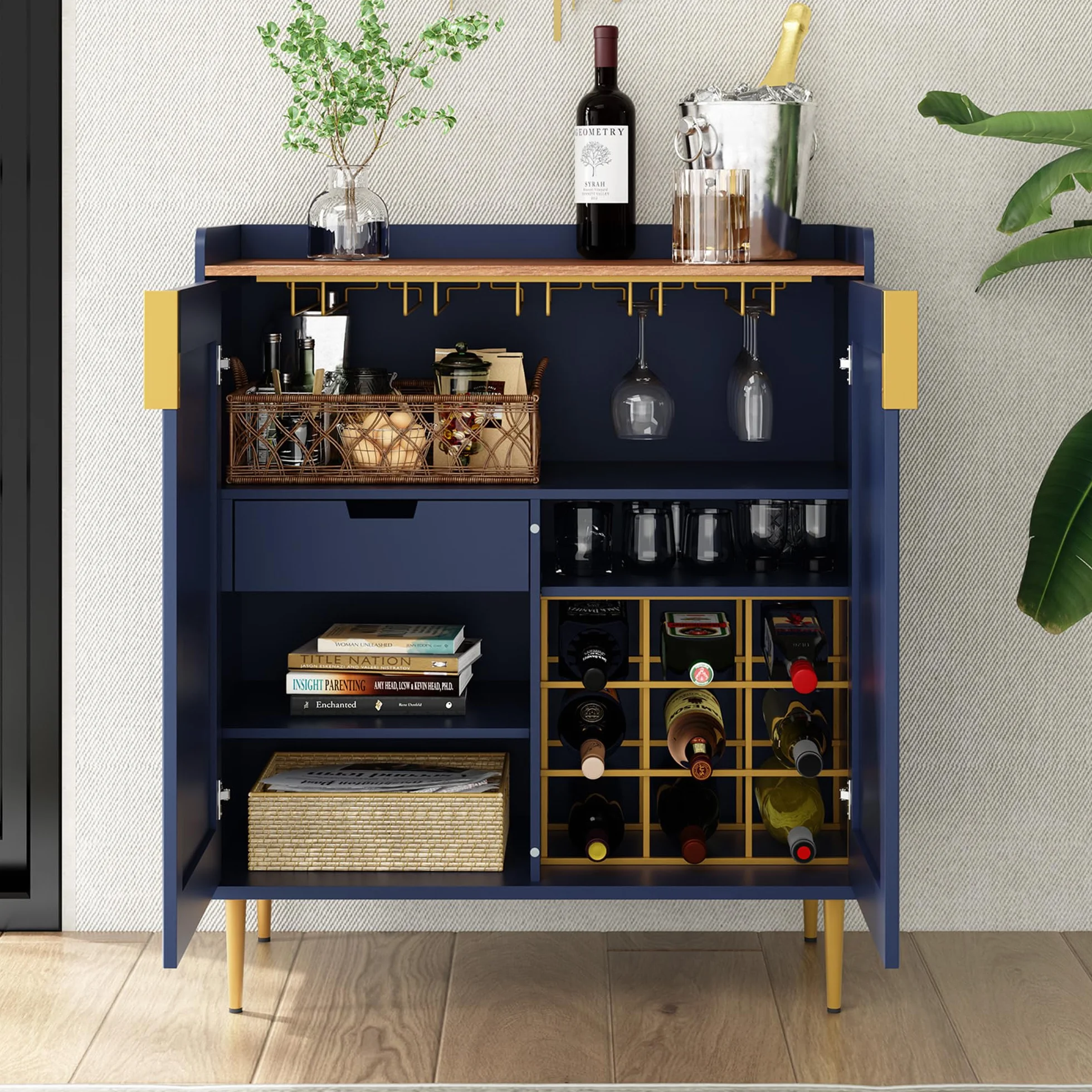 HOLTICO Gabinete de bebidas, gabinete de vino para 9 botellas, armario de bar con soportes de vidrio, estante de vino independiente, aparador, mesa de bar, buffet para sala de estar y comedor, color