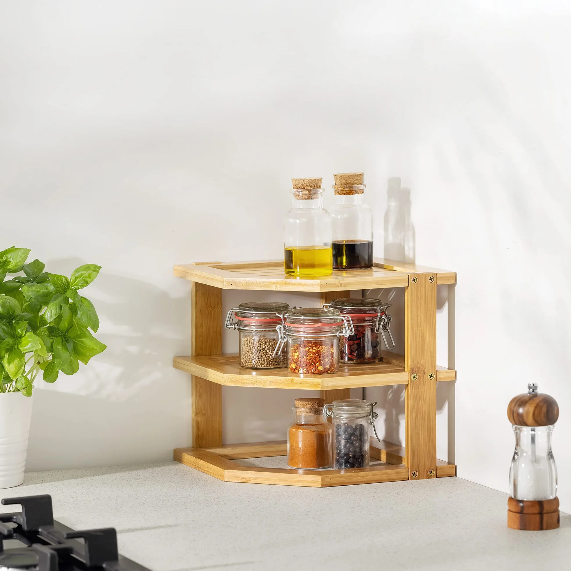 Navaris Estante esquinero de bambú - Estantería para Esquina de 25.5 x 25.5 x 24 CM - Mueble rinconero con 3 Niveles para baño Cocina Dormitorio