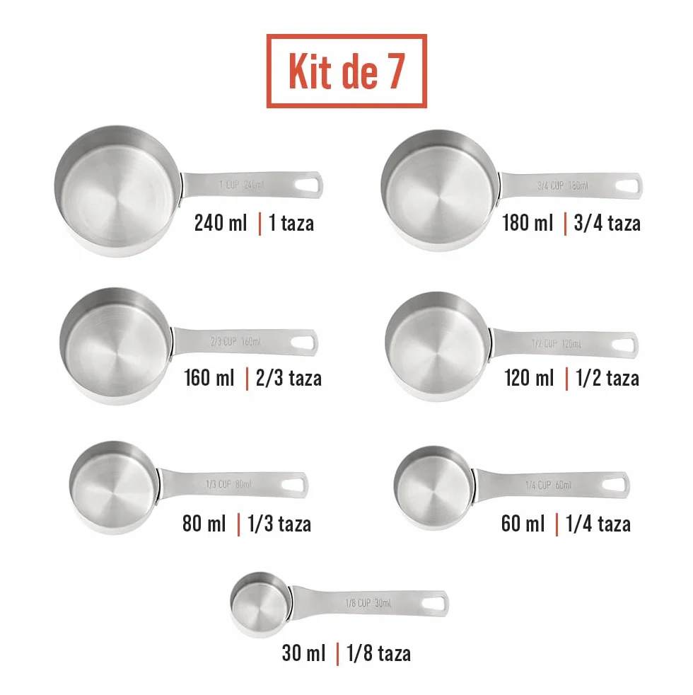 Chef Pomodoro Tazas Medidoras Cocina Acero Inoxidable Juego 7 Piezas Apilables Mango Largo