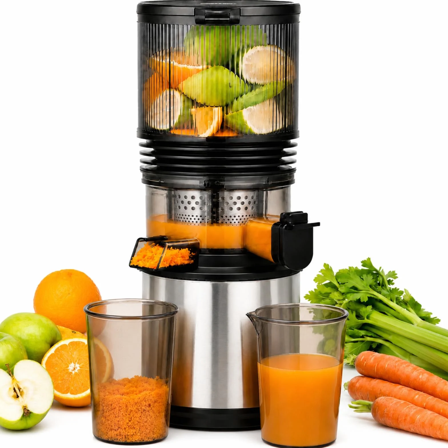 AMZCHEF Extractor de Zumos 158 mm Boca XXL, Licuadora de Prensado en Frío para Frutas y Verduras, Slow Juicer 2L con Vaso de Pulpa y Vaso de Zumo, Fácil Limpieza, Motor Silencioso, Acero Inoxidable