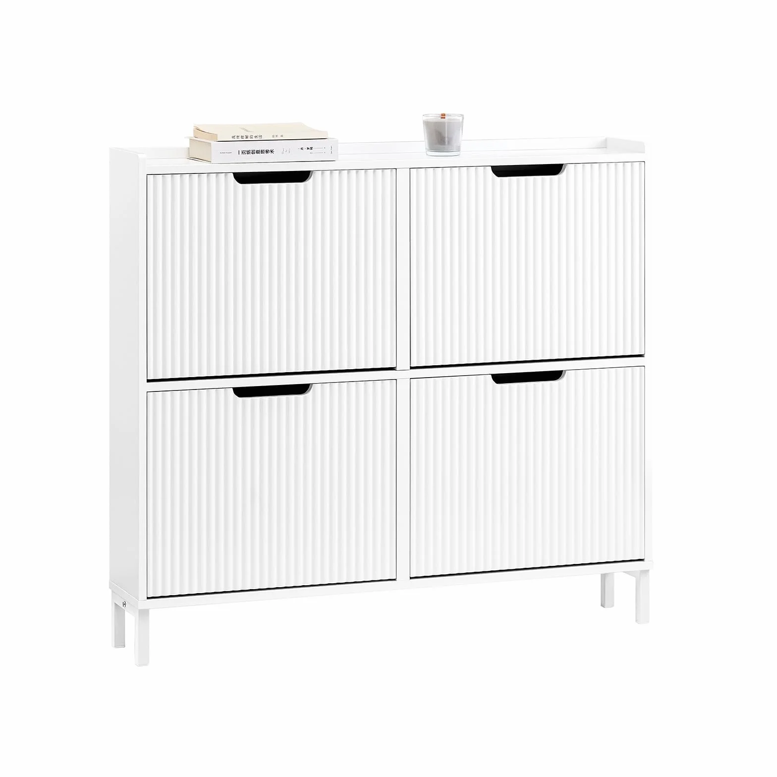 SoBuy Mueble Zapatero Estrecho - Zapatero Blanco con 4 Puertas Abatibles - Zapatero Madera Vetas Verticales para Espacios Pequeños - Recibidor, Pasillo o Habitación - 100x19x91cm - FSR177-L-W