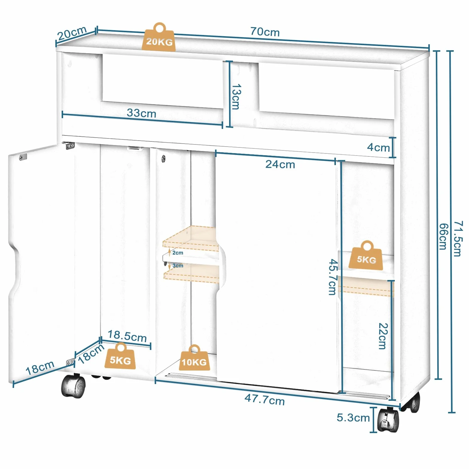 EUGAD Carrito de Almacenamiento, Armario de Baño con Ruedas, Estantería Multifuncional, Carrito de Cocina, Mueble Auxiliar Baño, Ahorro Espacio, Blanco, 70x20x71,5 cm