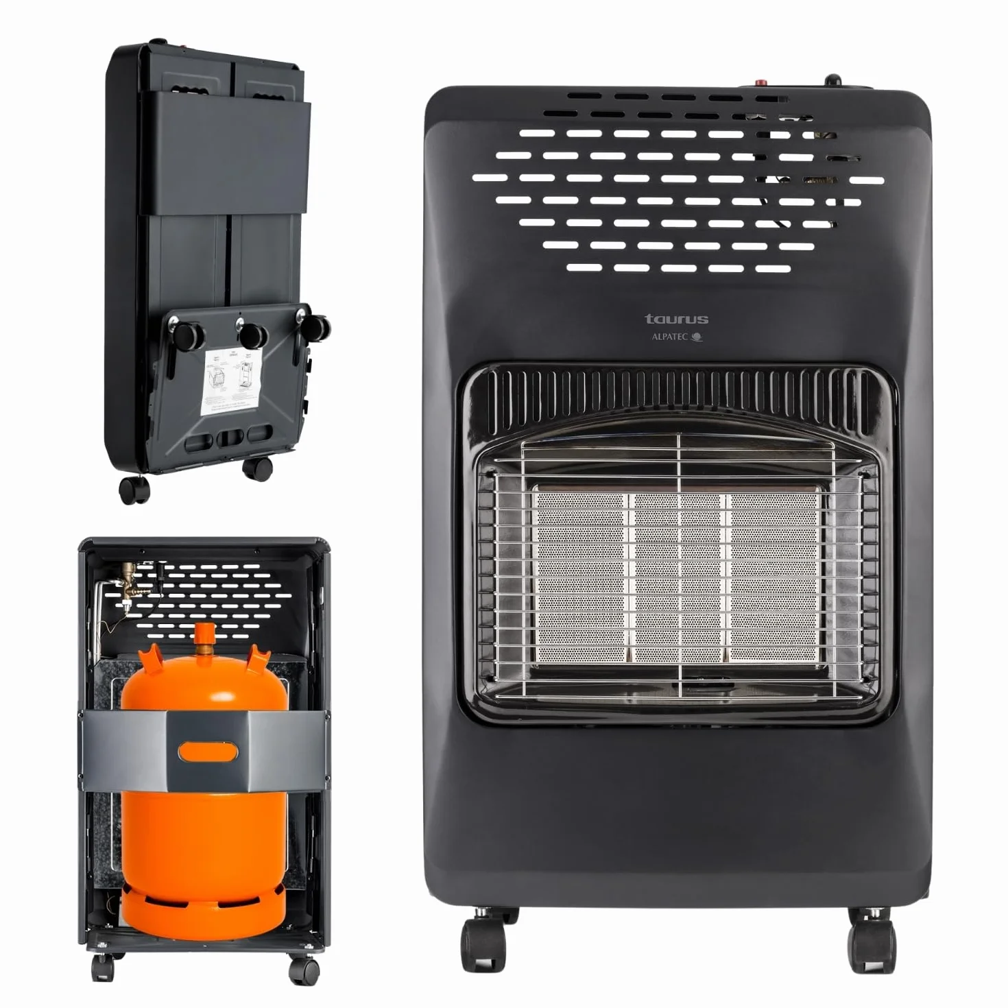 Taurus Gas Compact - Estufa de gas butano, estufa plegable, 4.2kW, 3 niveles de potencia, encendido piezoeléctrico, triple sistema de seguridad, 5 ruedas, bombona carga butano de máx 15kg