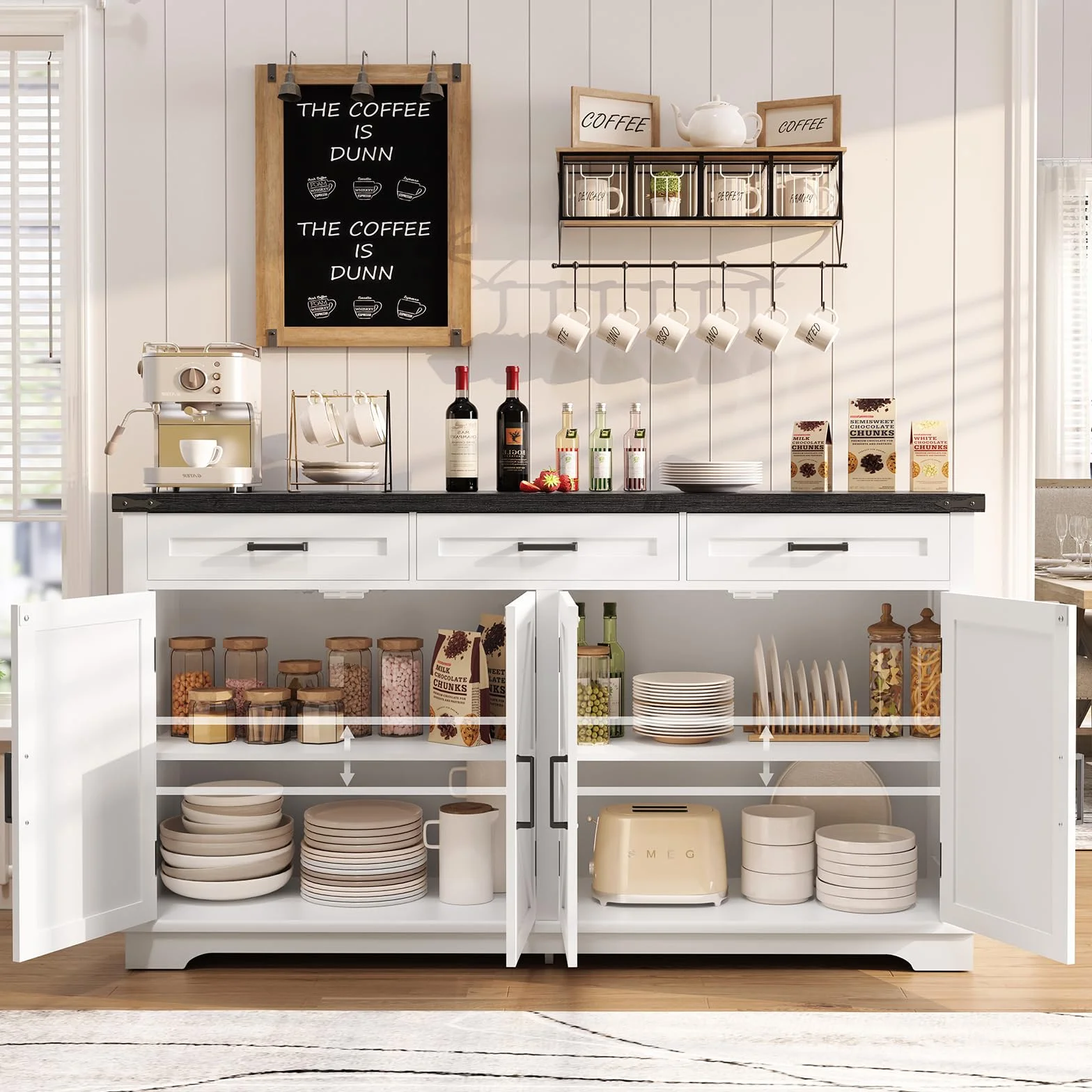 TEENFON 155 cm Aparadores para Salon con 3 Cajones, Aparador Cocina con Estantes Ajustables, Armario Cocin con Encimera para Pasillo Comedor- 155 x 40 x 80 cm - Blanco