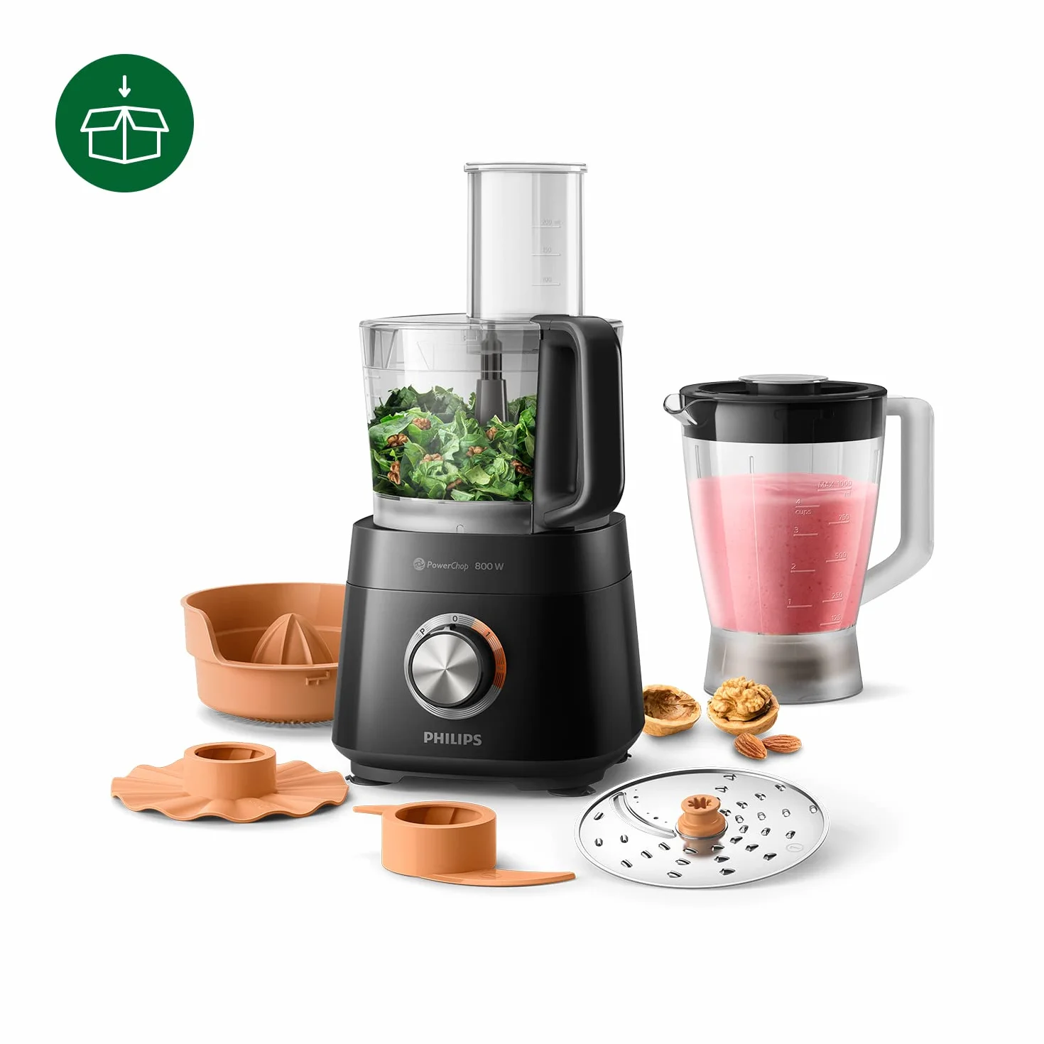 Philips Viva Collection Robot de cocina compacto - Compacto, motor de 800W, 29 funciones, PowerChop, disco 2 en 1, exprimidor de cítricos, montaje fácil, bol de 1.5L (HR7510/10)