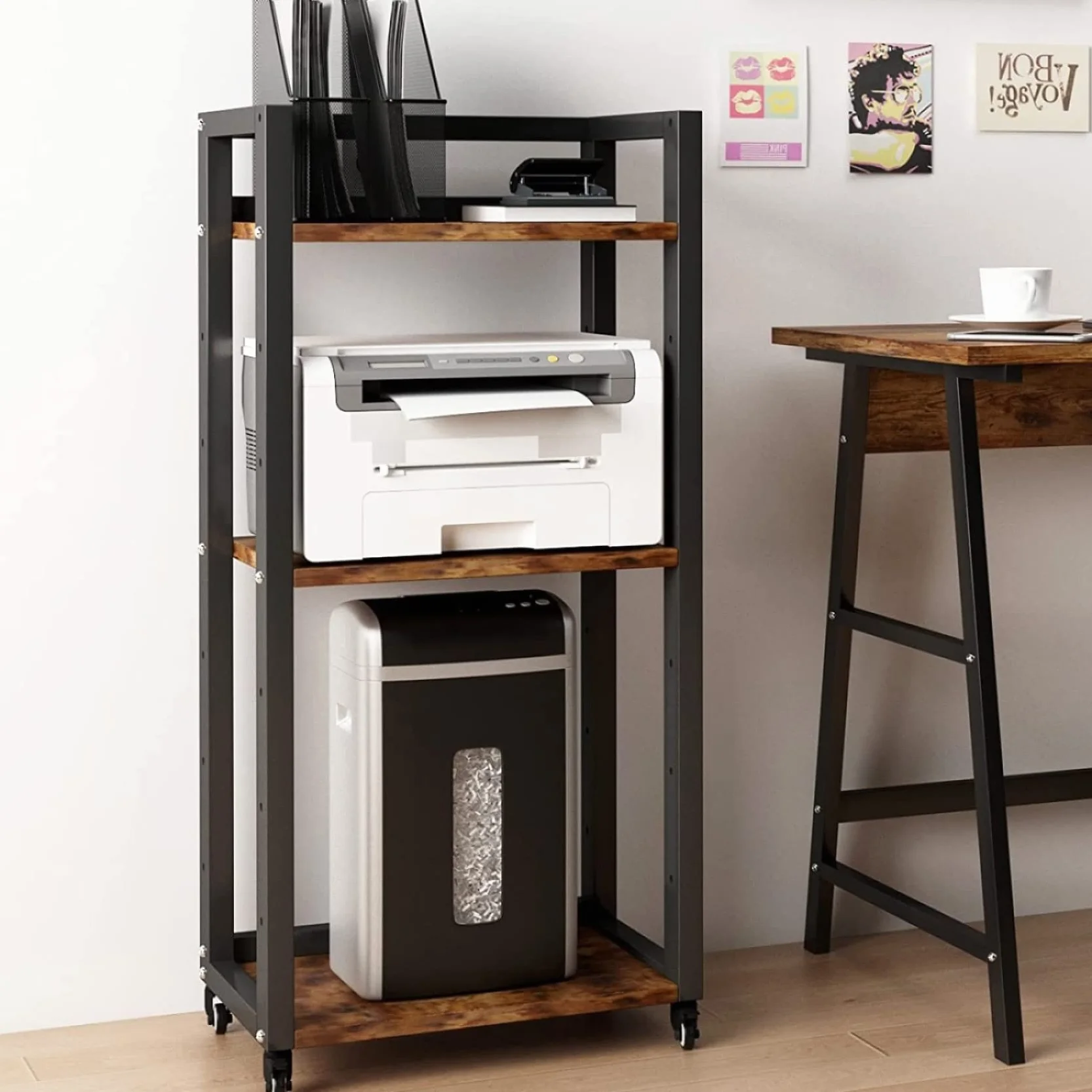 PUNCIA Mesa para Impresora Ajustable en Altura Soporte para Impresión de 3 Niveles con Ruedas Organizador de Papel Móvil de Madera y Metal Estante de Almacenaje Retro para Estudio Oficina Cocina