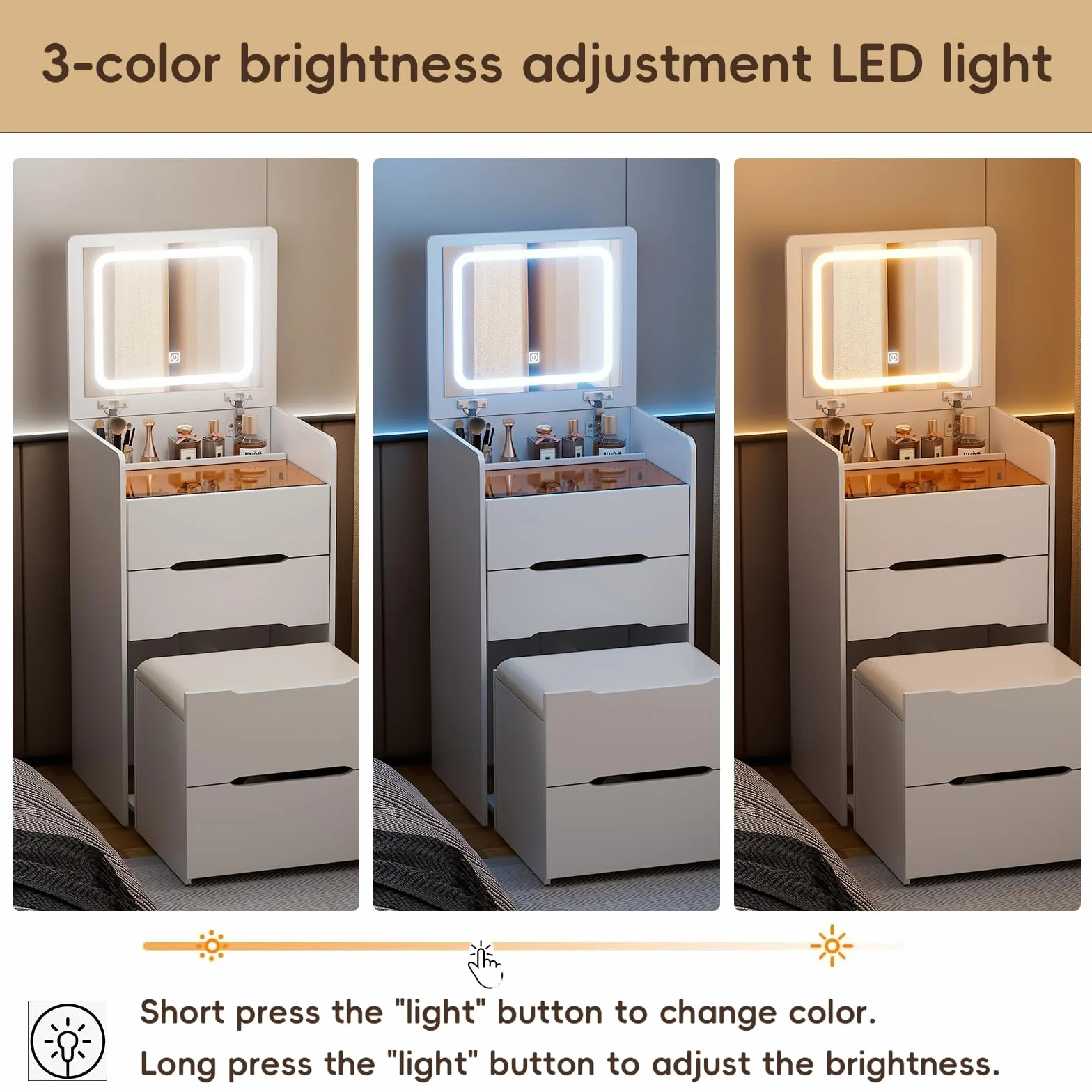 MSFE Tocador 3 en 1 con Espejo abatible Toca-dor con Luces LED de Brillo Escritorio de tocador con Escritorio de Vidrio Visible, Compacto con 3 cajones,Taburete Acolchado Tocado para Dormitorio