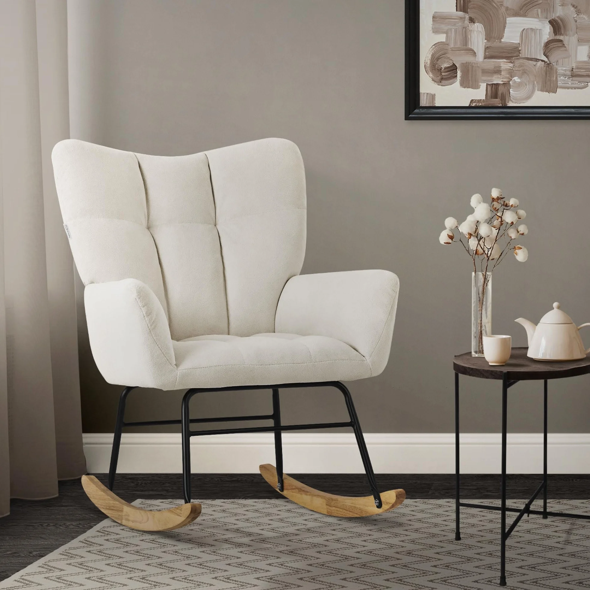 ML-Design Mecedora con Funda de Rizo Beige Tumbona con Guías de Madera Sillón Ergonómico Reclinable con Reposabrazos Diseño Elegante Mueble Tapizado para Relax Salón Dormitorio Balcón
