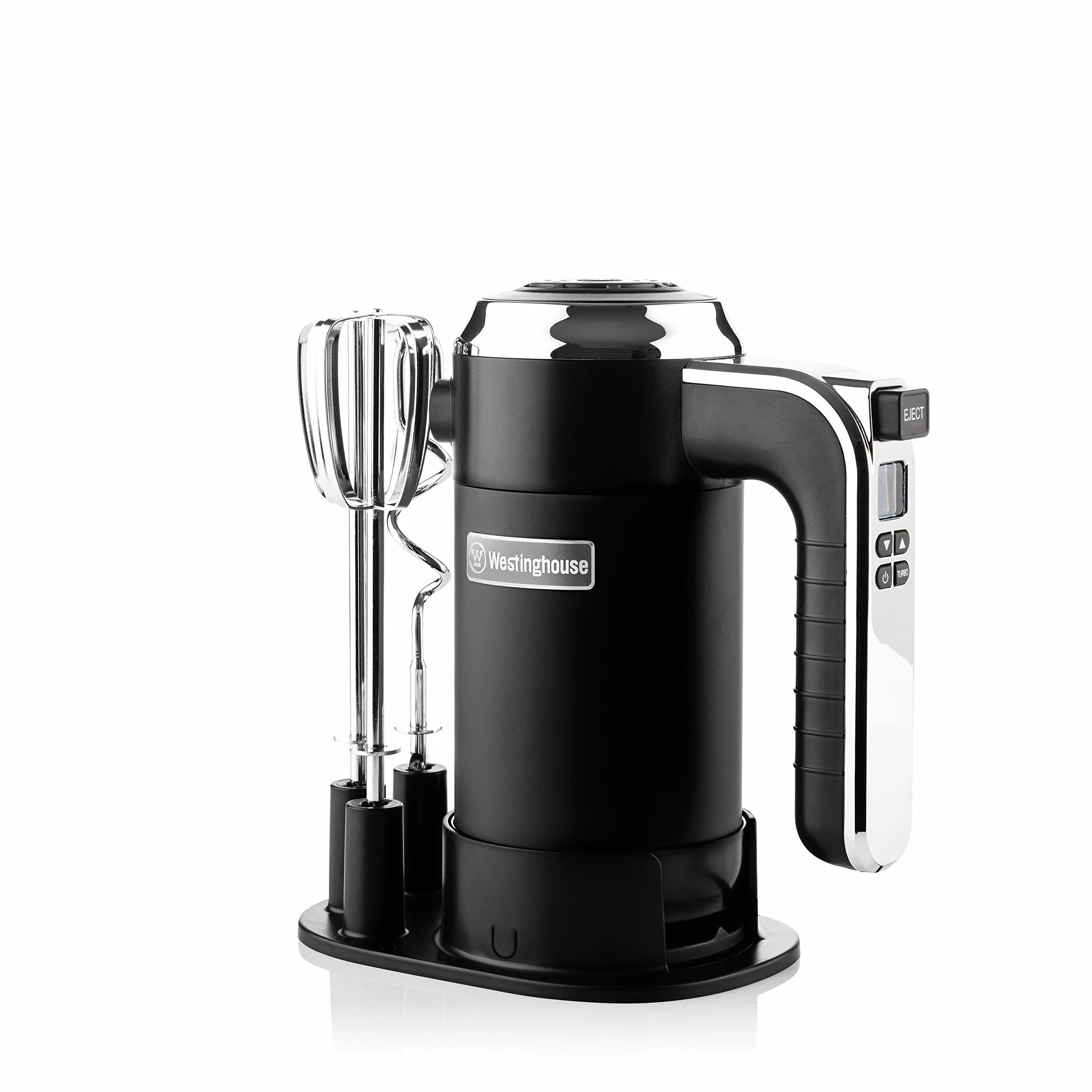 Westinghouse Batidora de mano retro, 5 velocidades + función turbo, 2 varillas mezcladoras, 2 ganchos para amasar, pantalla LCD, temporizador, base base, bolsa de almacenamiento, 350 W, color negro