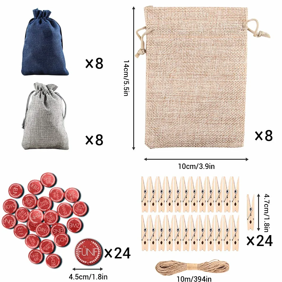 Calendario Adviento Saquitos, 24 Bolsas de Lino Calendario de Adviento, Bolsas de Dulces con 24 Insignias Digitales, Bolsas de Regalo de Bodas para Decorar el Calendario de Adviento en Casa (roja)