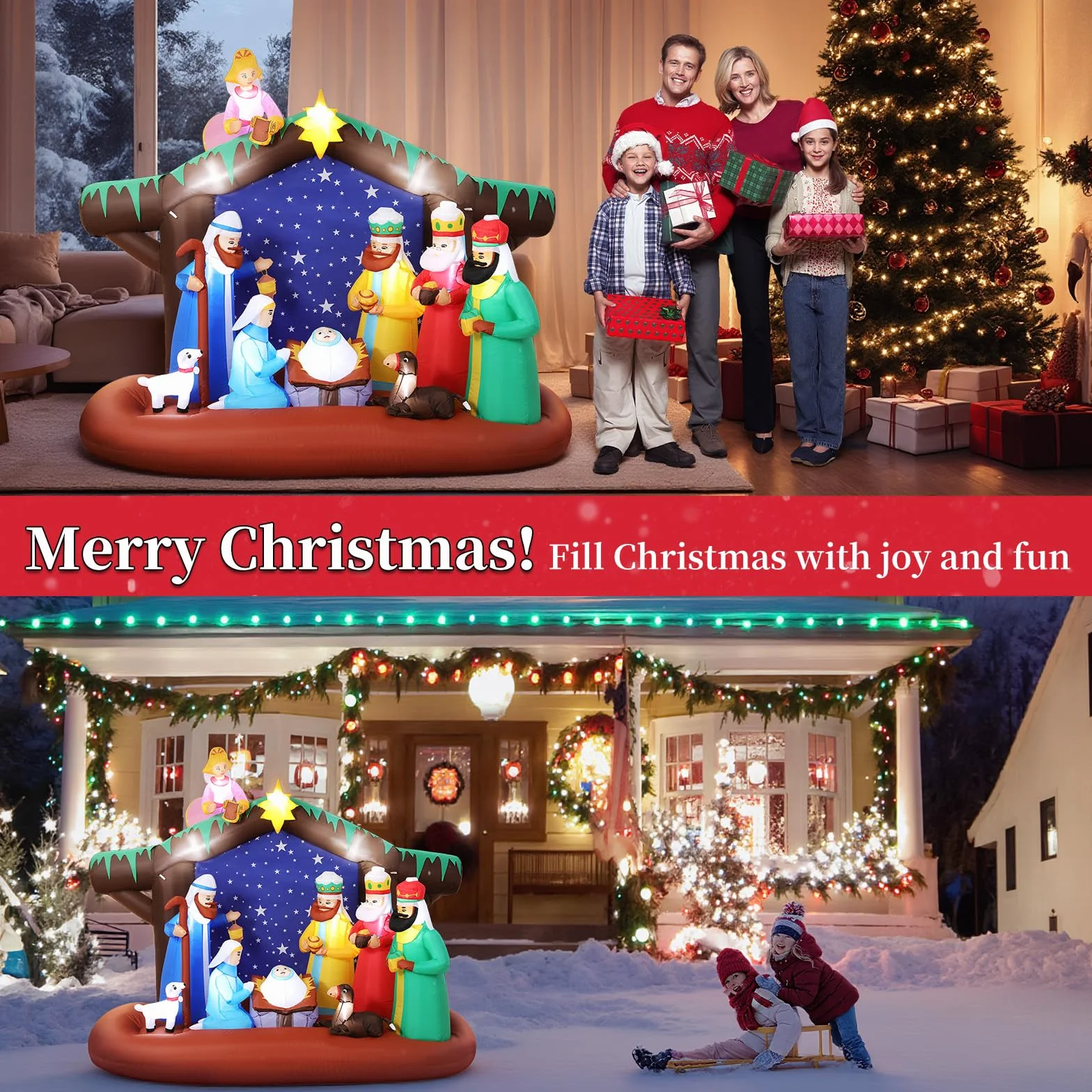 Lewondr Decoraciones Navideñas Inflables Belén para Exteriores, 7FT Inflable Navideño con 12 Luces LED, Iluminado De Belén Impermeable para Decoración Navideña De Jardín