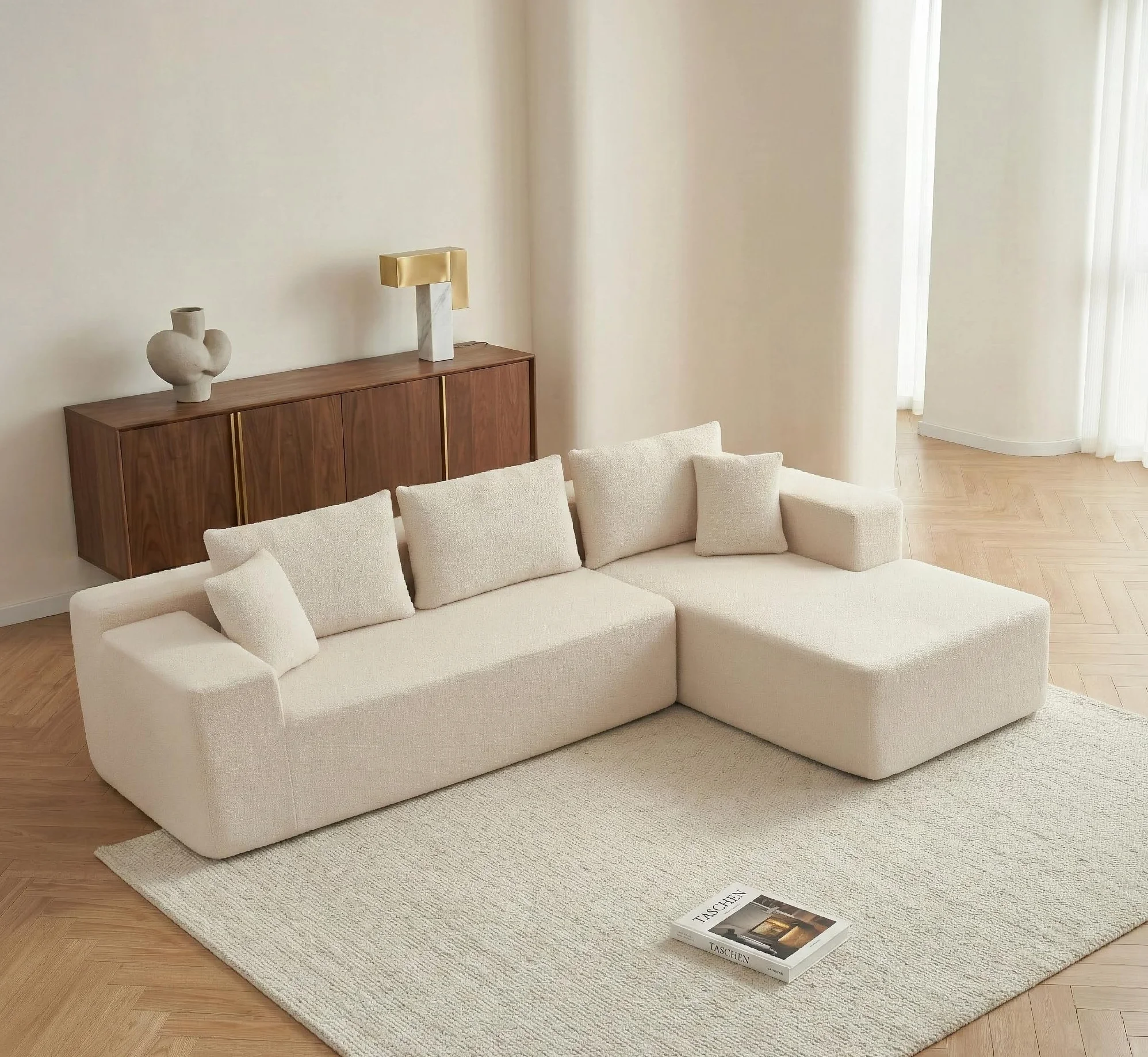 Sofá Esquinero Chaise Longue Forma L Moderno de Espuma Comprimida, con función Cama, envío Caja Sin Montaje (Borrego Beige, Chaise Longue Izquierda)