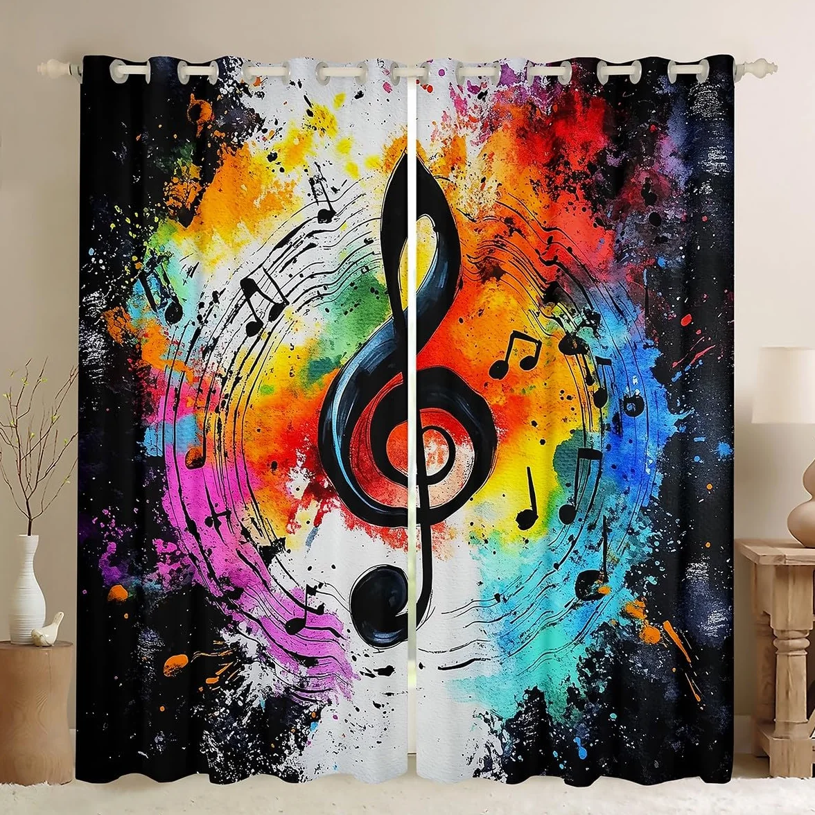 Cortinas de ventana para niños, diseño de graffiti teñido anudado, moderno, para niños y niñas, tema de música hip pop, rock, negro, blanco, tratamiento de ventana, juego de 2 paneles con