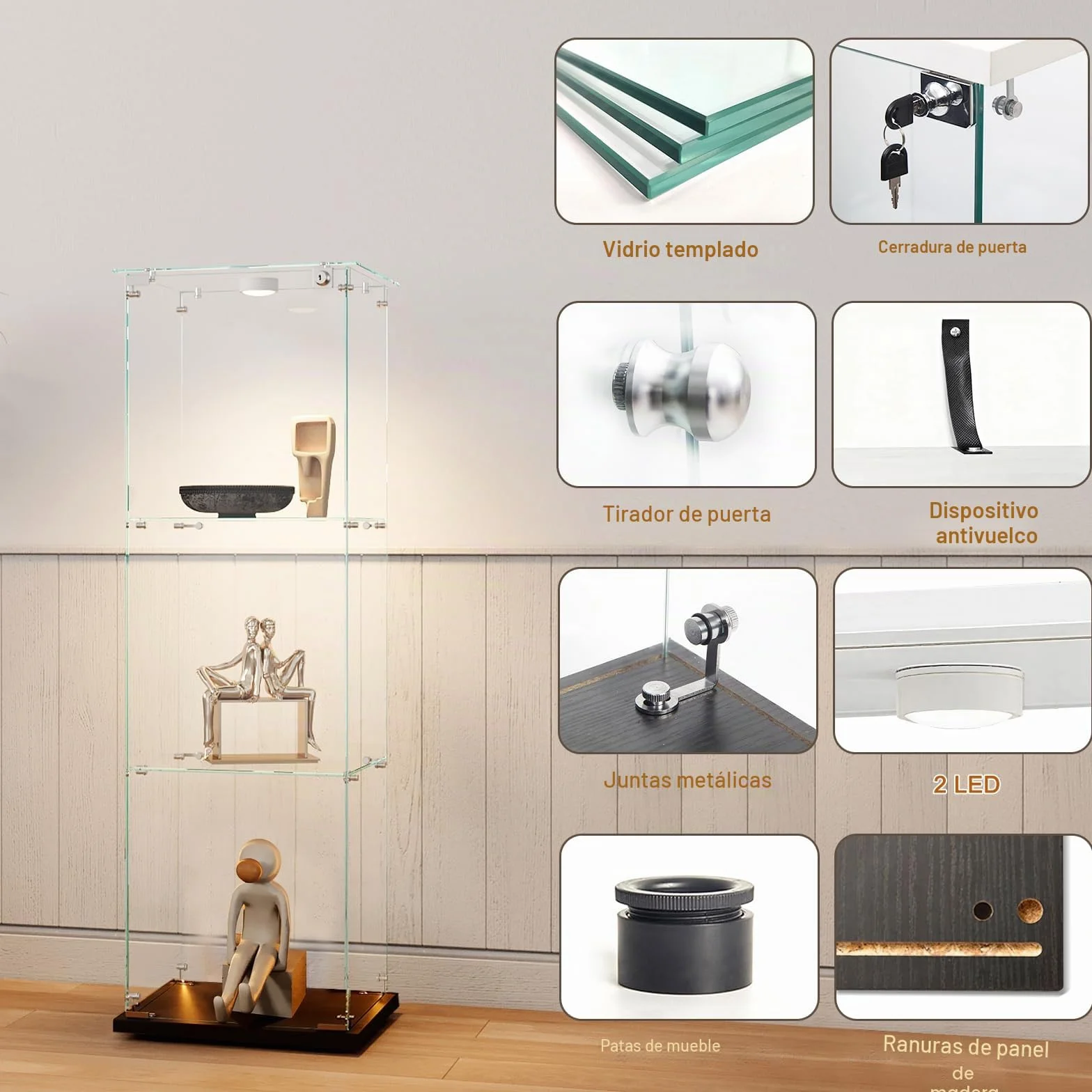 vitrina de cristal con LED, armario para colección transparente, mueble de cristal con 1 puerta y cerradura, 3 estantes, 123x40x35 cm, negro