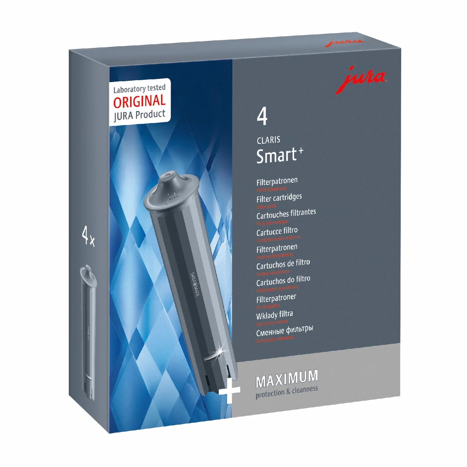 JURA CLARIS Smart+ 25066 - Cartucho de filtro con reconocimiento automático de filtro (certificado TÜV, 4 unidades)