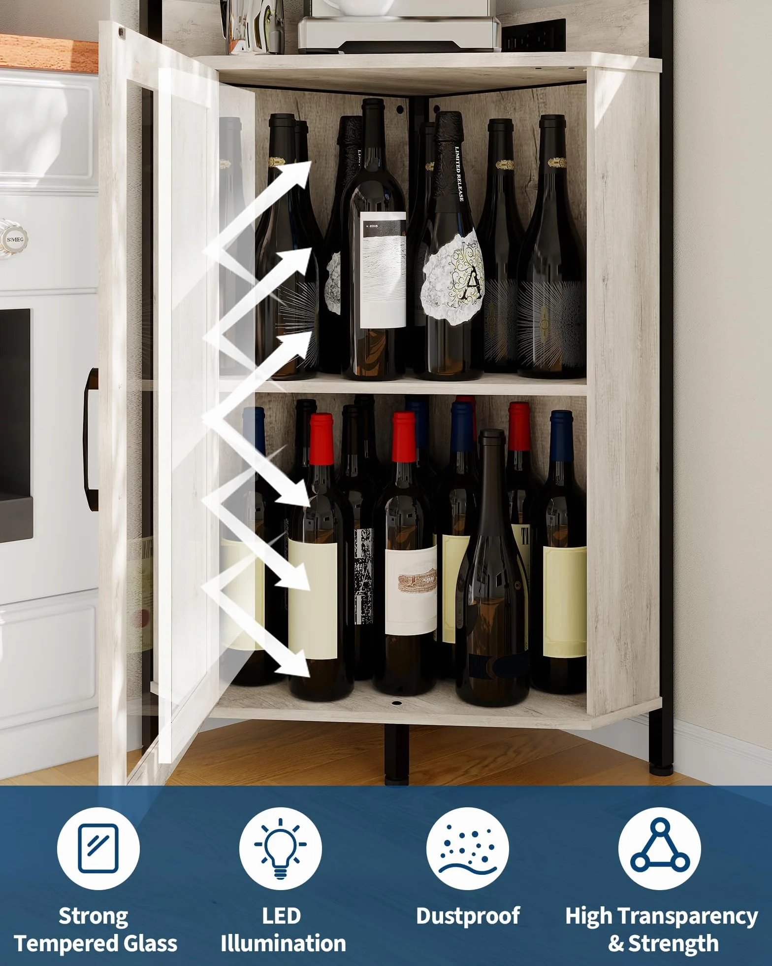 Zstar Mueble Bar, Vitrina para Vinos De MDF Curvado con Luces LED, Vitrina Independiente De 4 Niveles con Puerta De Cristal para Bar En Casa，Gris.