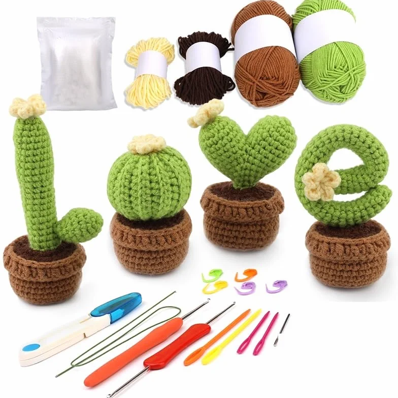Kit de ganchillo para principiantes, 4 piezas, kit de ganchillo en maceta para principiantes con instrucciones (idioma español no garantizado), agujas de hilo de tejer, accesorios de punto fácil,