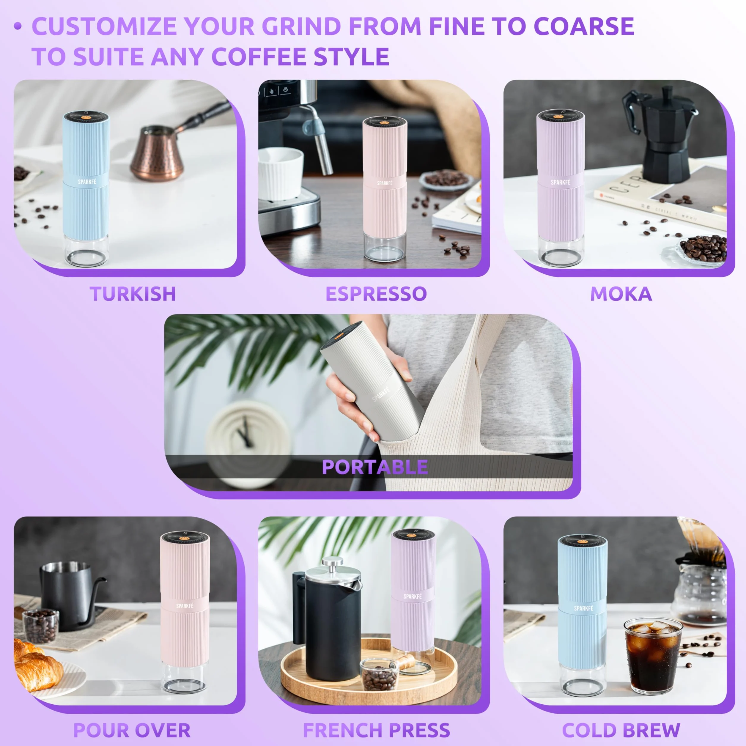 Molinillo de café eléctrico portátil, molinillo de mano recargable con rebaba cónica de acero inoxidable, ajustes de molienda ajustables, para espresso, moka, vertido, prensa francesa, infusión fría