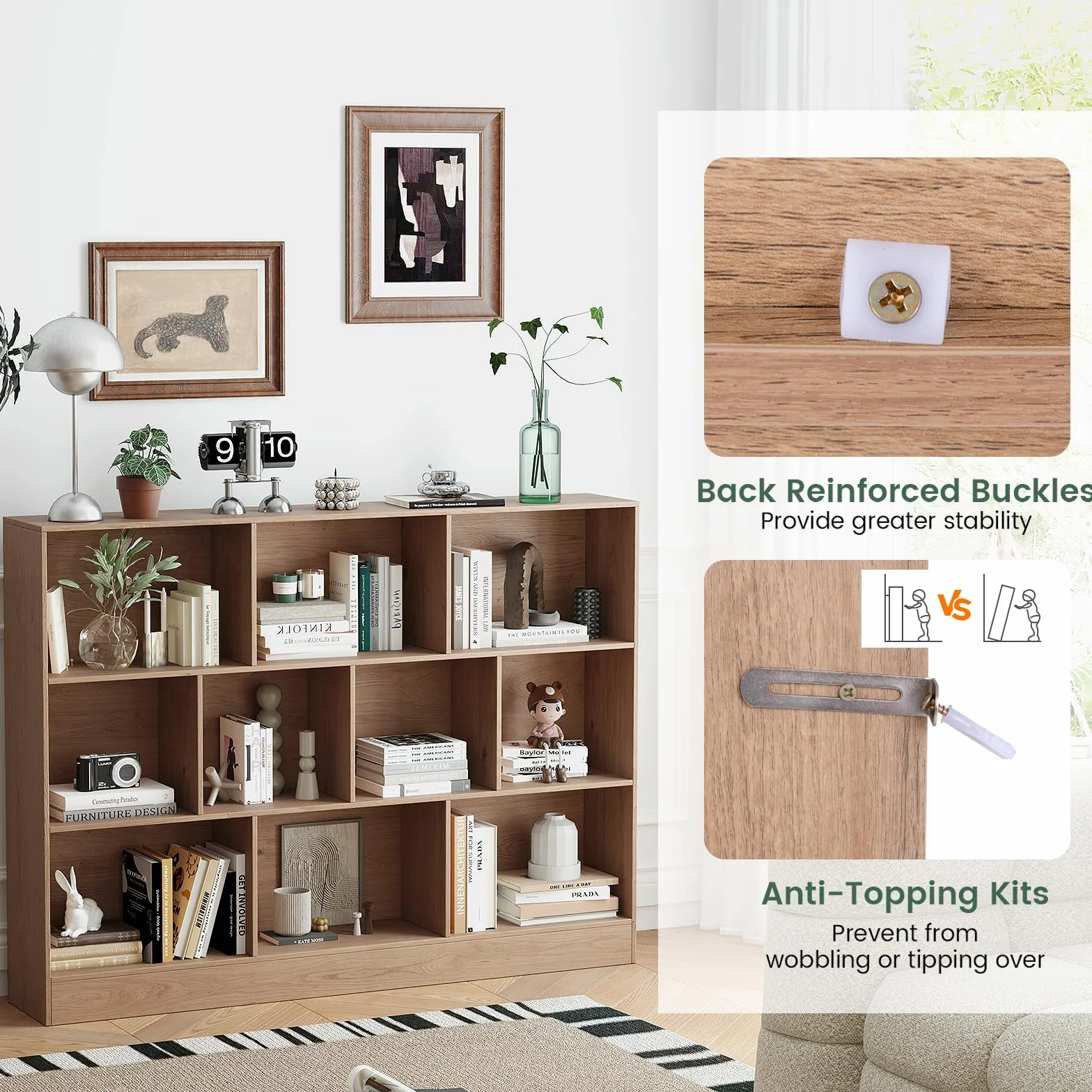 KOMFOTTEU Estantería Abierta con 10 Compartimentos, Librería de 3 Niveles con Dispositivo Antivuelco, Mueble de Almacenamiento para Salón, Oficina (Natural, 140 x 24 x 104 cm)