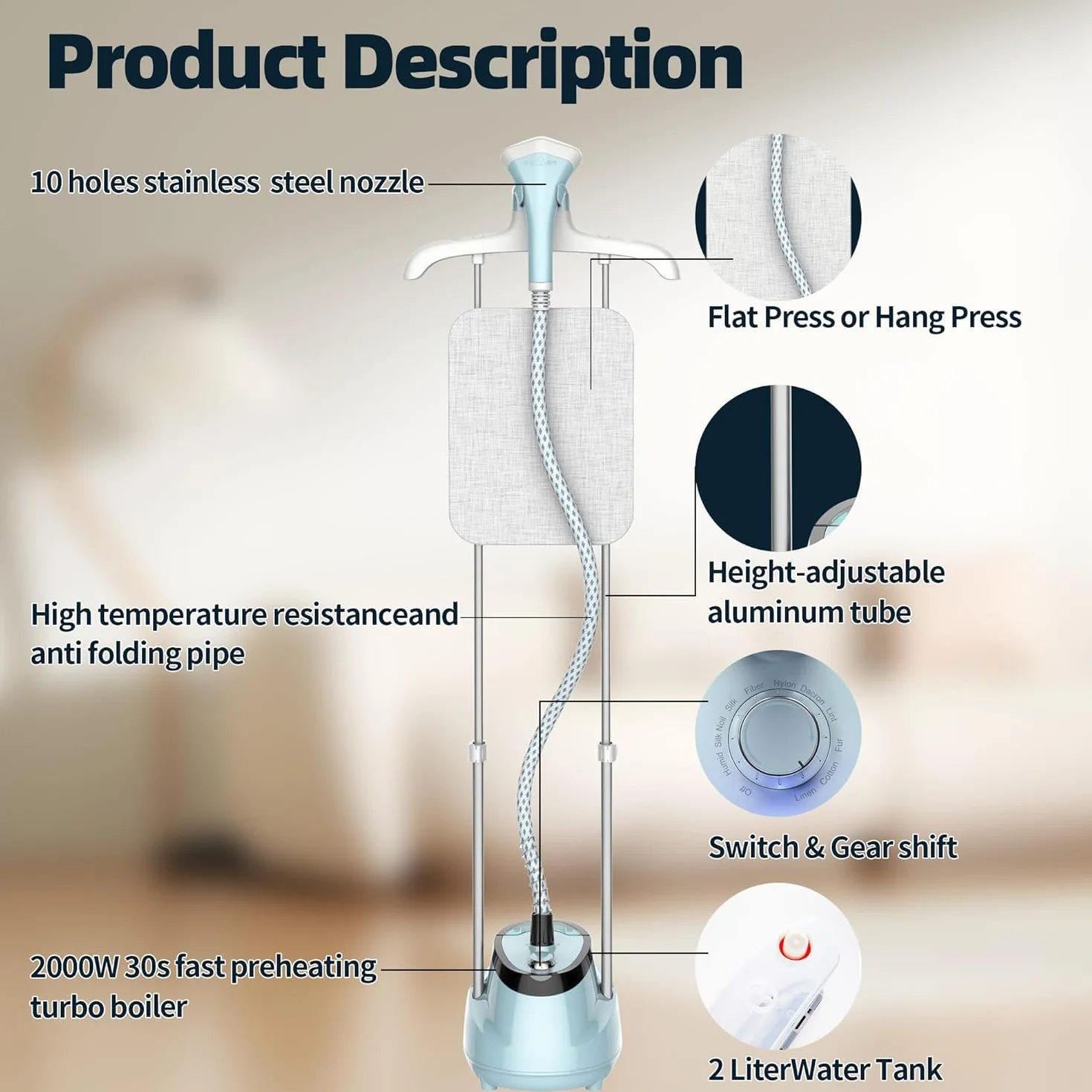 Annmiir Upright Clothes Steamer 2000W Turbo Boiler - 2L Tank, 1h Continuous Steam, Flat&Hanging Ironing, 2 Retractable Rods, 10 Modes, 30s Fast Preheat, All Fabrics Compatible
