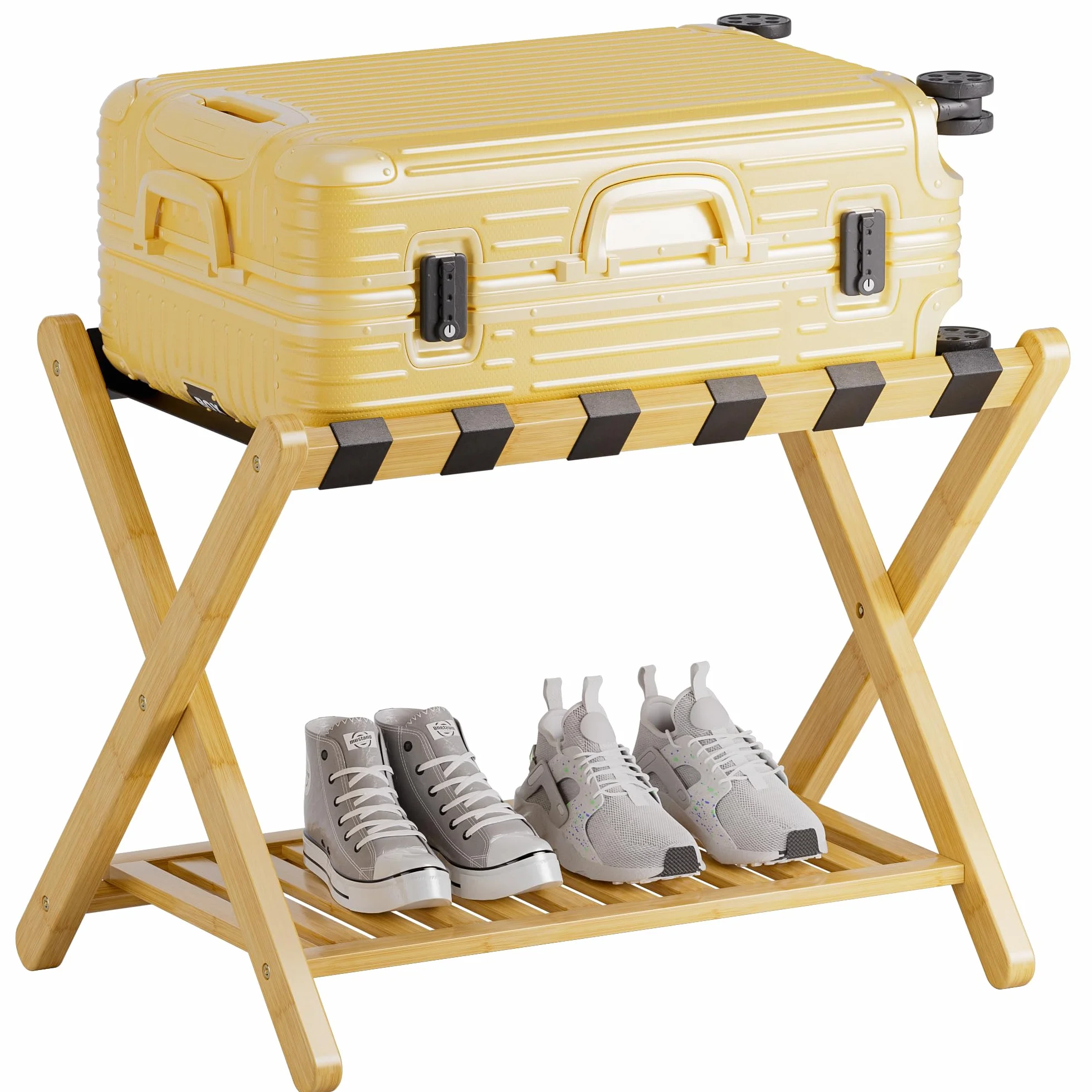 SMIBUY portaequipajes, plegable para maleta de bambú con estante de almacenamiento para habitación, dormitorio, hotel, servicio pesado (natural y negro)