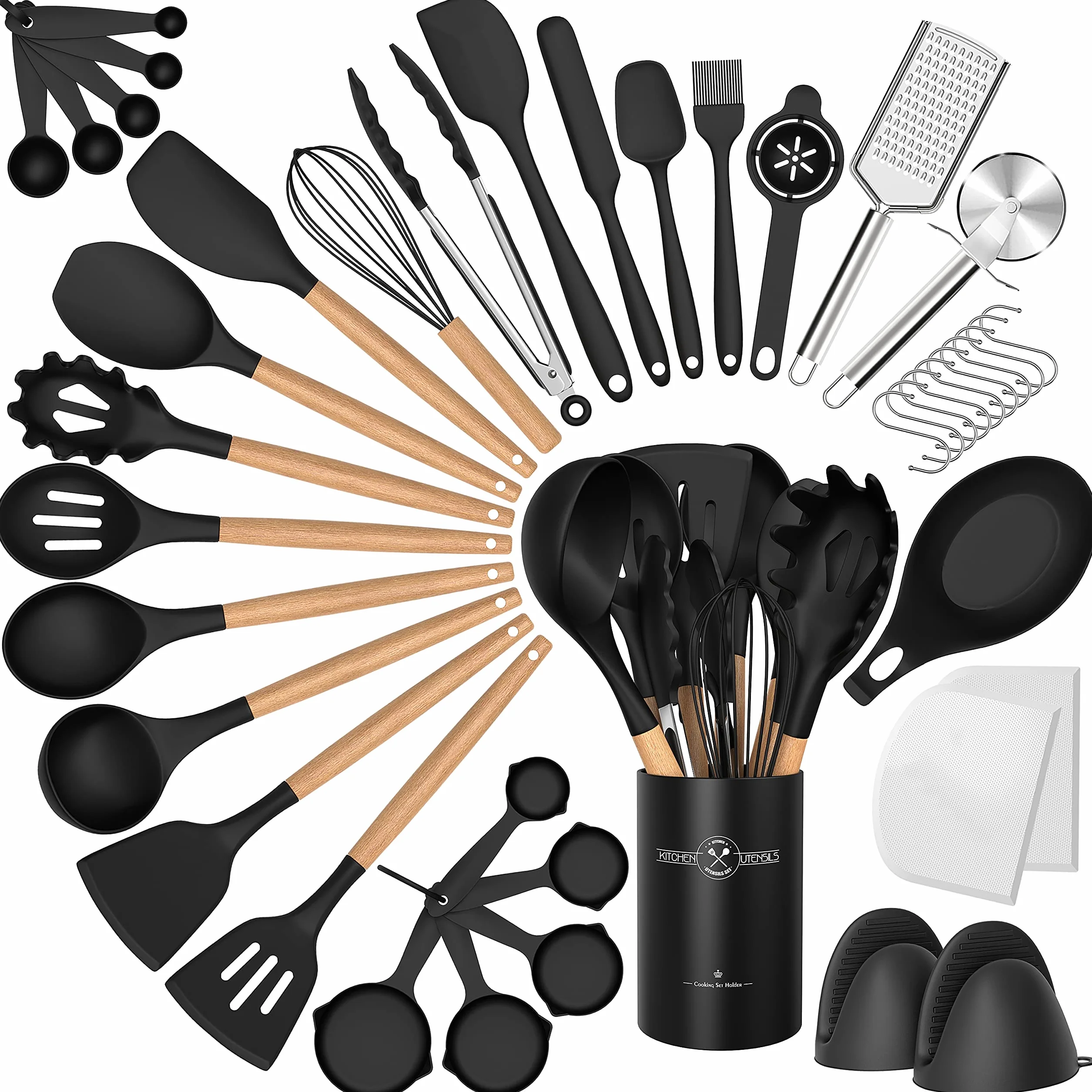 Juego de utensilios de cocina de silicona, 43 piezas, antiadherentes, resistentes al calor, juego de espátulas con mango de madera para hornear, cocinar y mezclar, las mejores herramientas de cocina