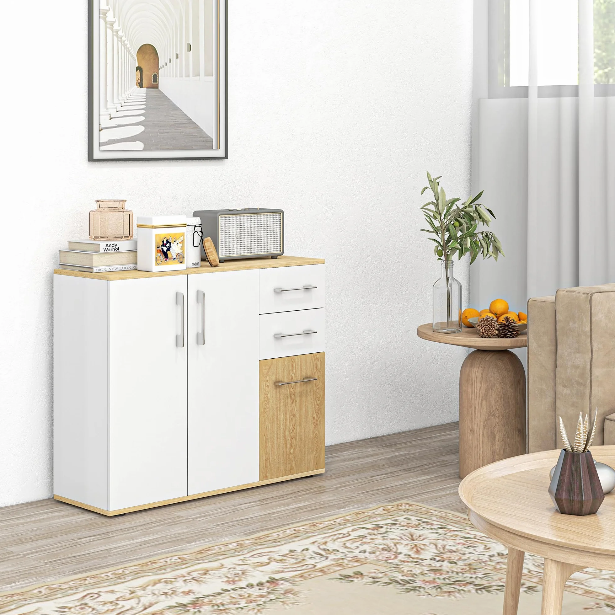HOMCOM Aparador de Salón Moderno con 2 Cajones y 2 Armarios 90x30x75,5 cm Blanco y Natural