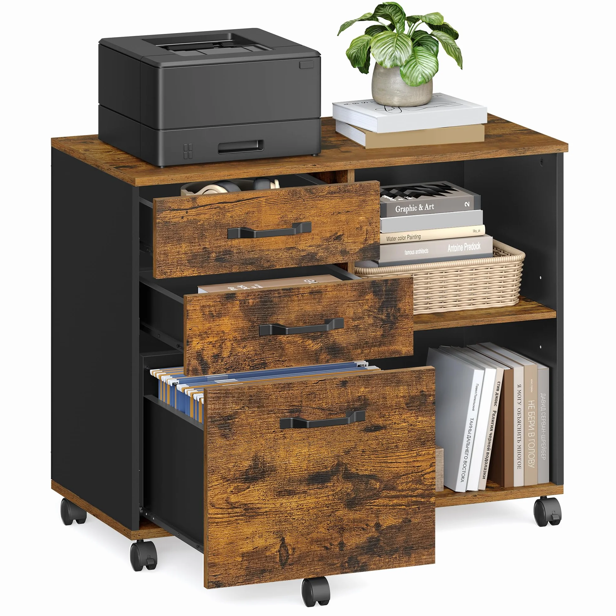 VASAGLE Archivador Lateral con 3 cajones, archivador móvil con Compartimentos Abiertos, para A4, Documentos en Formato Carta, Soporte para Impresora, Industrial rústico, marrón y Negro OFC041B01