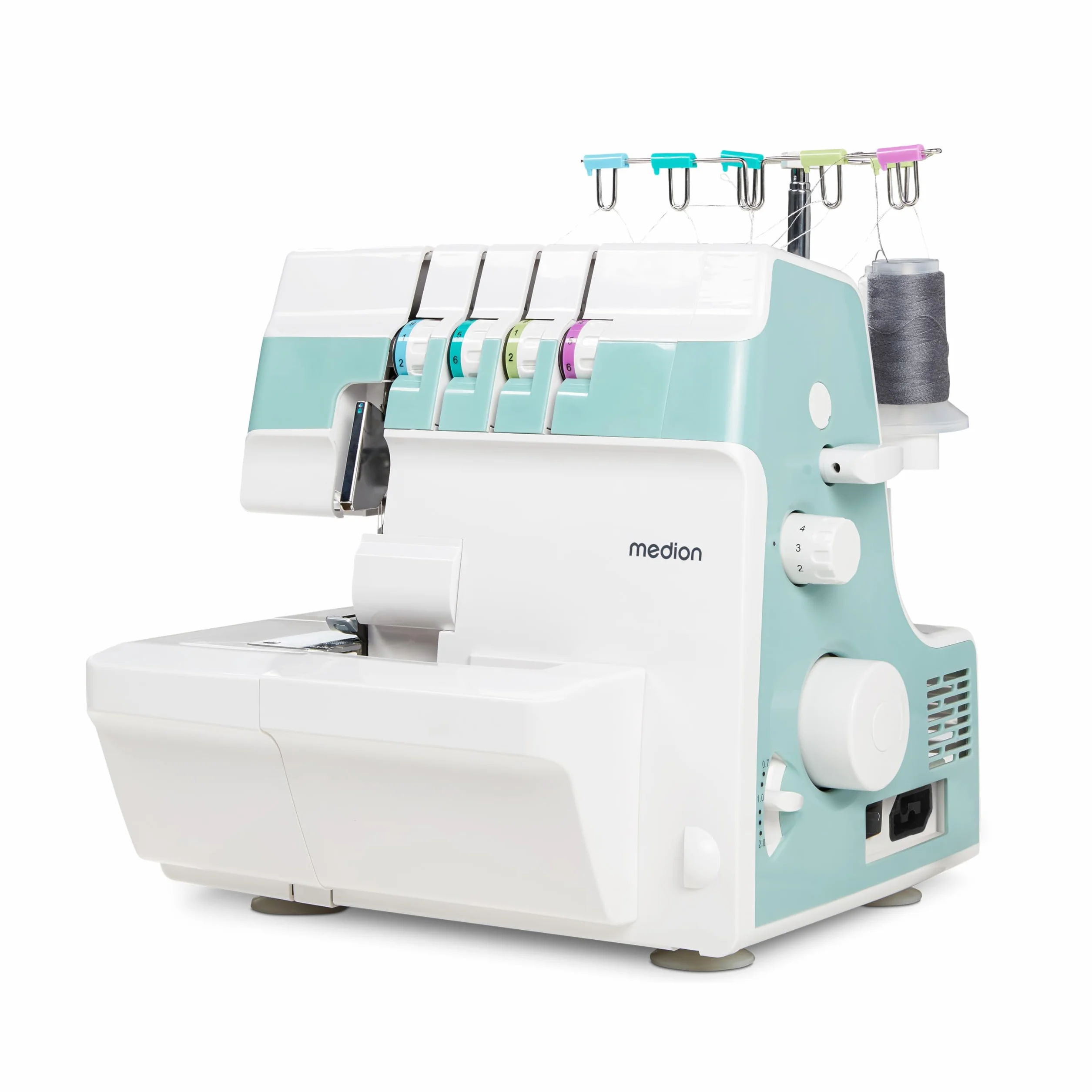 MEDION Máquina de coser overlock SO90 (eléctrica, 90 vatios, luz LED, corte en una pasada, numerosos accesorios, MD19169) turquesa