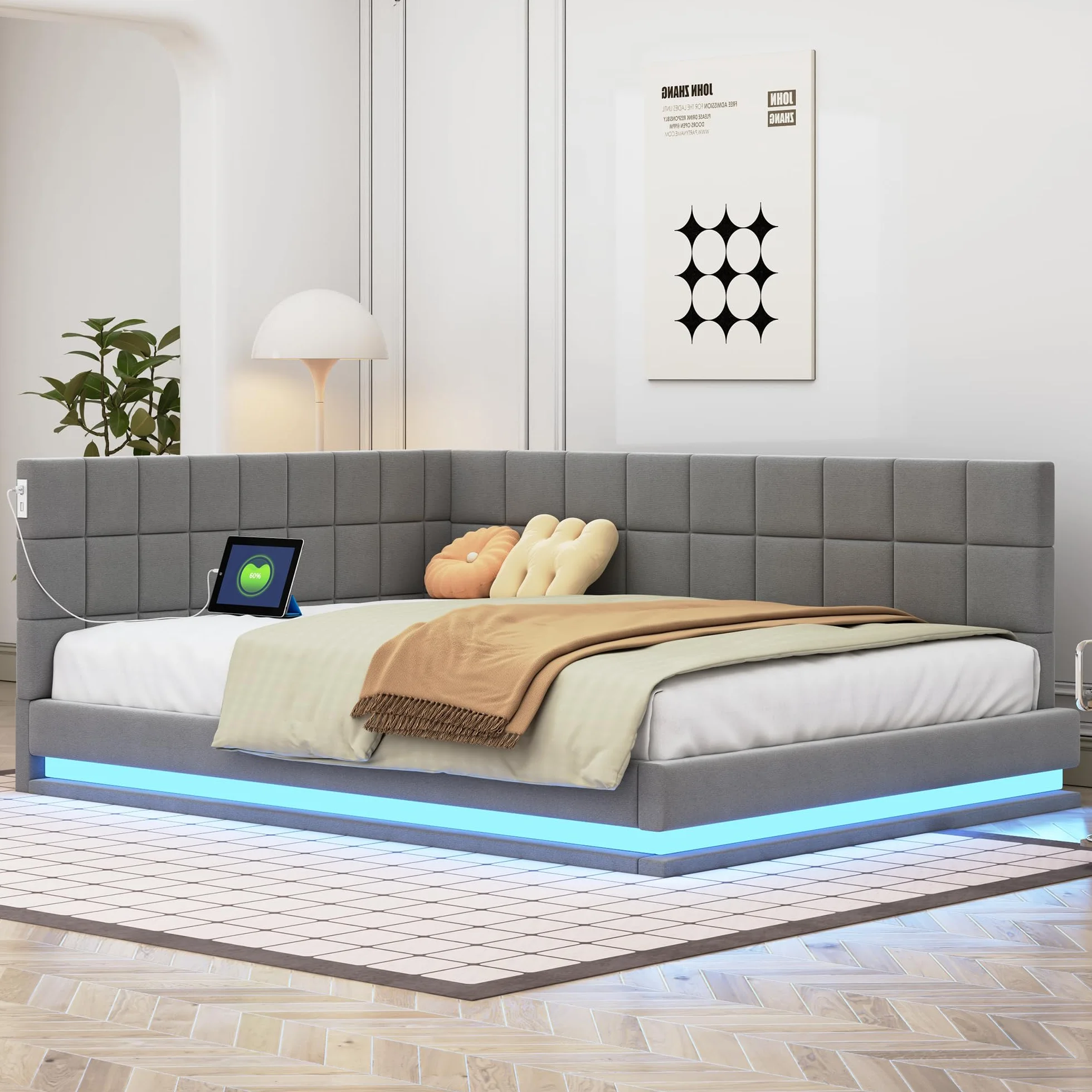 ZYLOYAL10 Cama tapizada para sofá cama multifunción con somier de láminas de tela aterciopelada agradable al tacto (tira de luz LED gris, 140 x 200 cm)