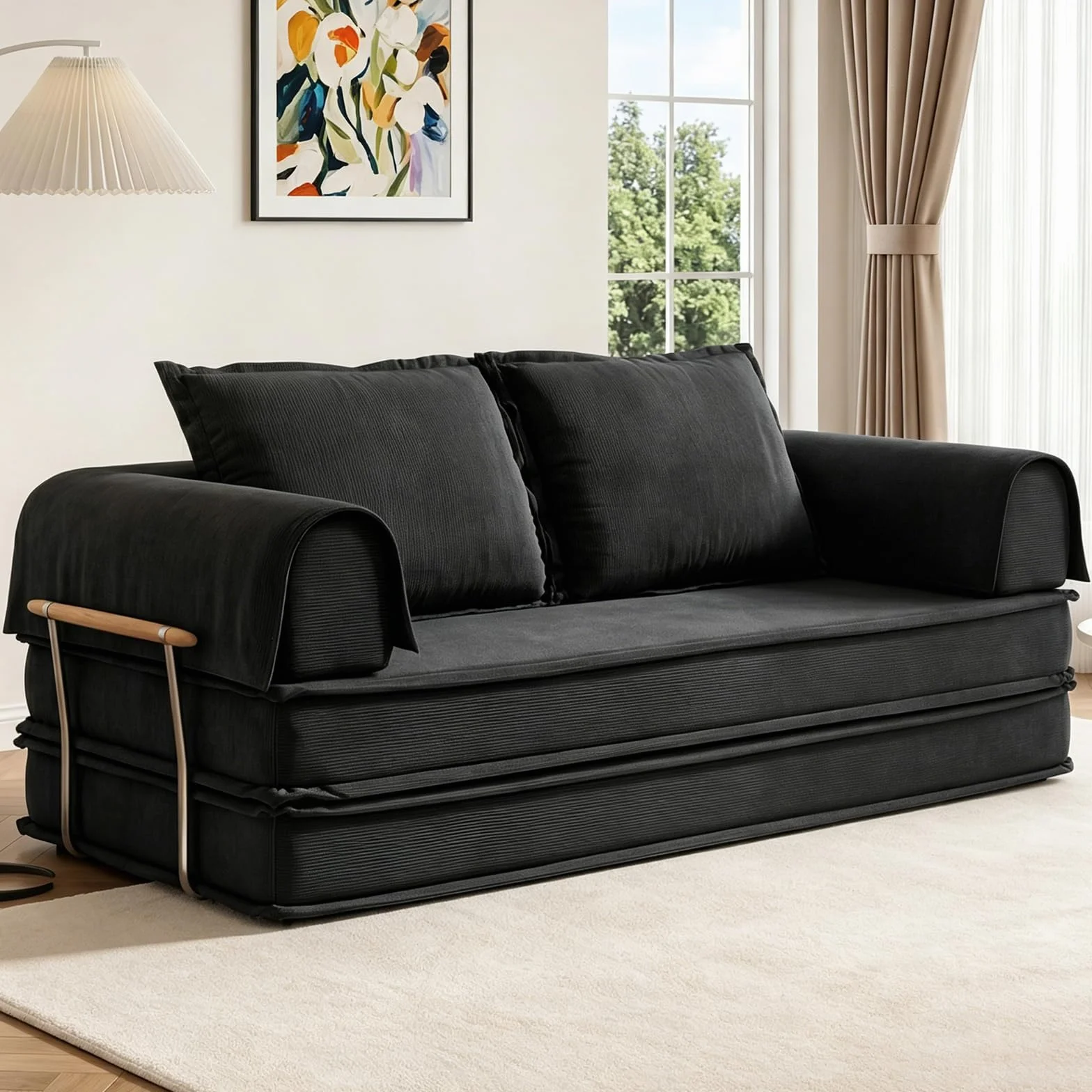 Vipbear 200cm Sofá Cama, Modular Desmontable Plegable 5 en 1, de Pana de Primera Calidad, Sofá Cama 3 Plazas Ideal para Espacios Reducidos, Negro