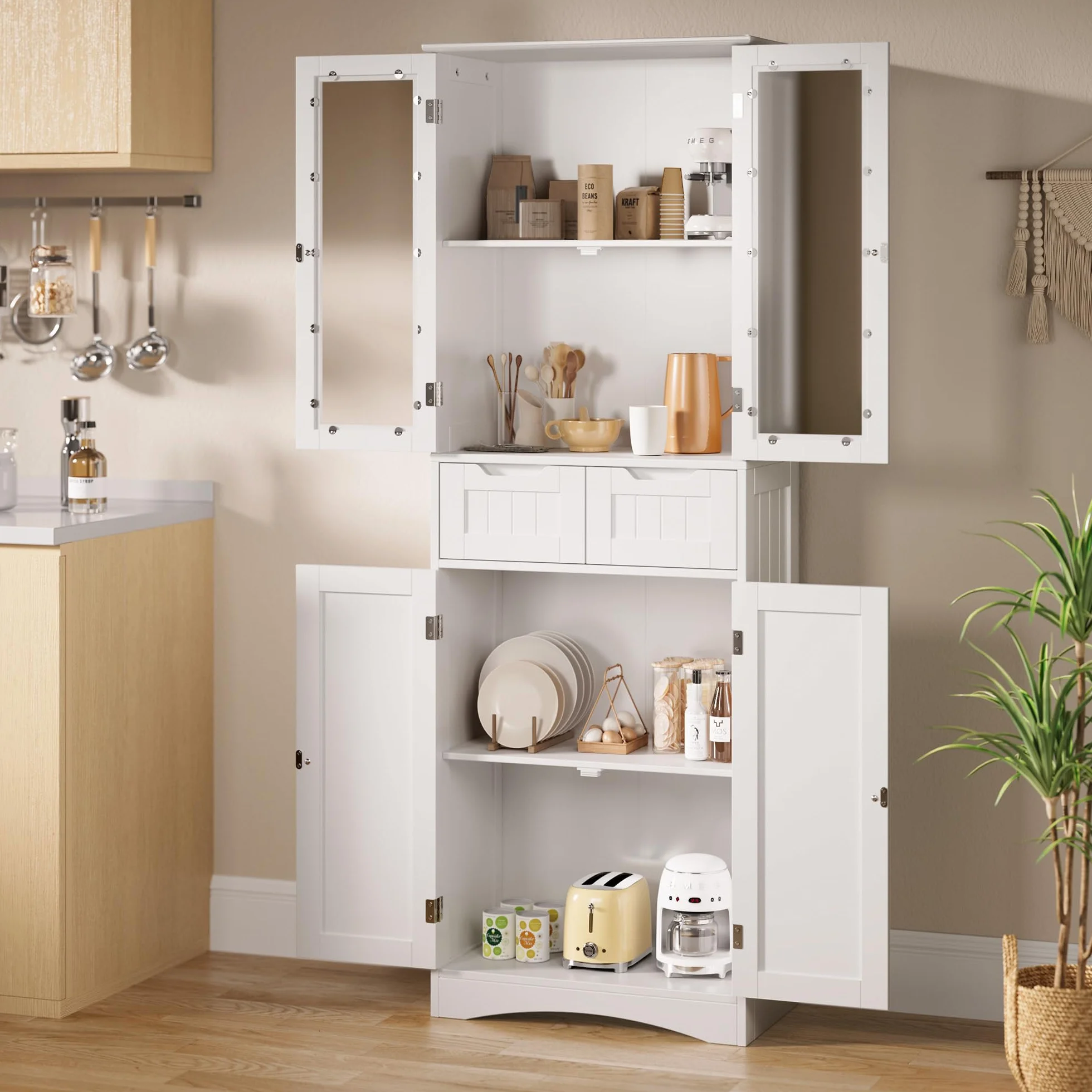 Xbro 170cm Alacena de Cocina, Mueble Despensa con 4 Armarios y 2 Cajones, Armario con Diseño Antivuelco, Alacena de Madera para Cocina, Salón y Comedor (Blanco)
