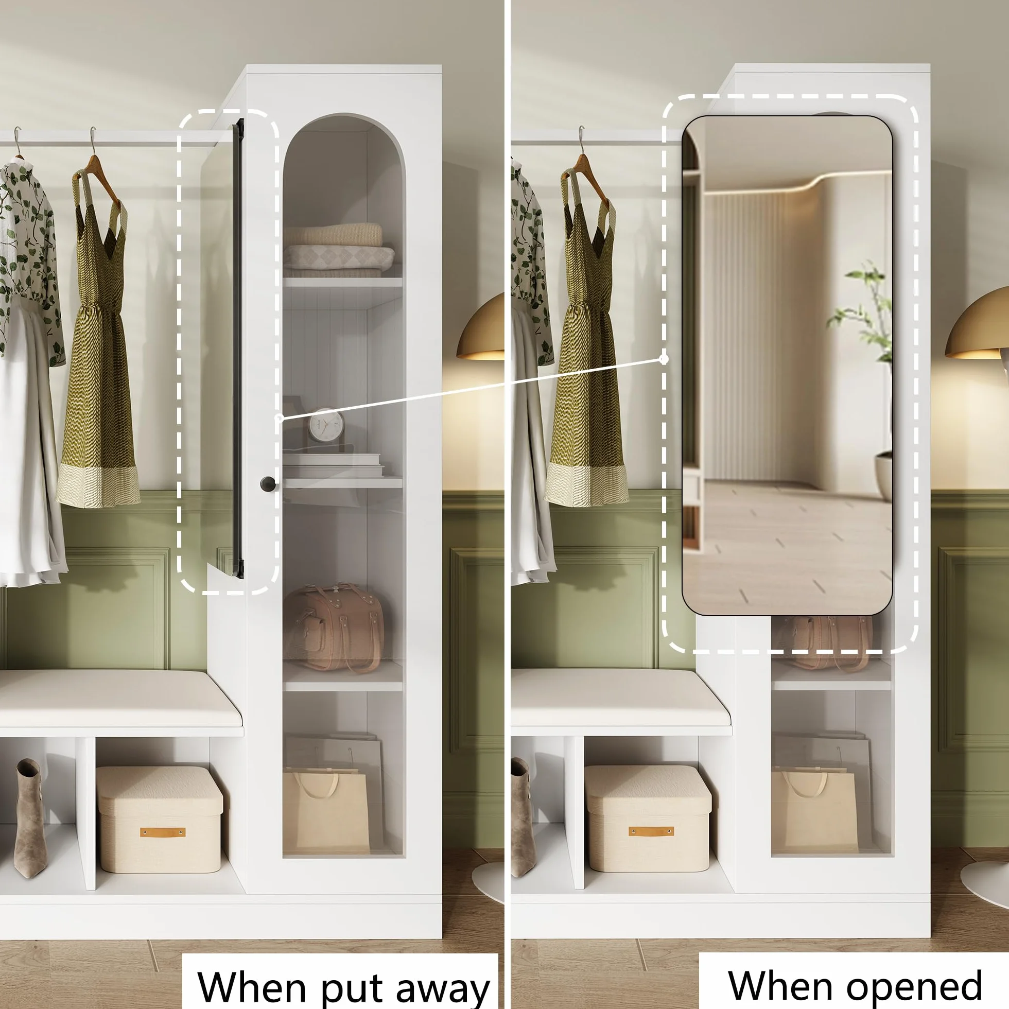 LAKFEW 6 en 1 Juego de Perchero, Perchero Entrada Recibidor con Espejo y Luz LED, Mueble Recibidor con 3 Cajones y 2 Puertas, Conjunto de Mueble Entrada Recibidor Percheros, 163x35x161 cm, Blanco