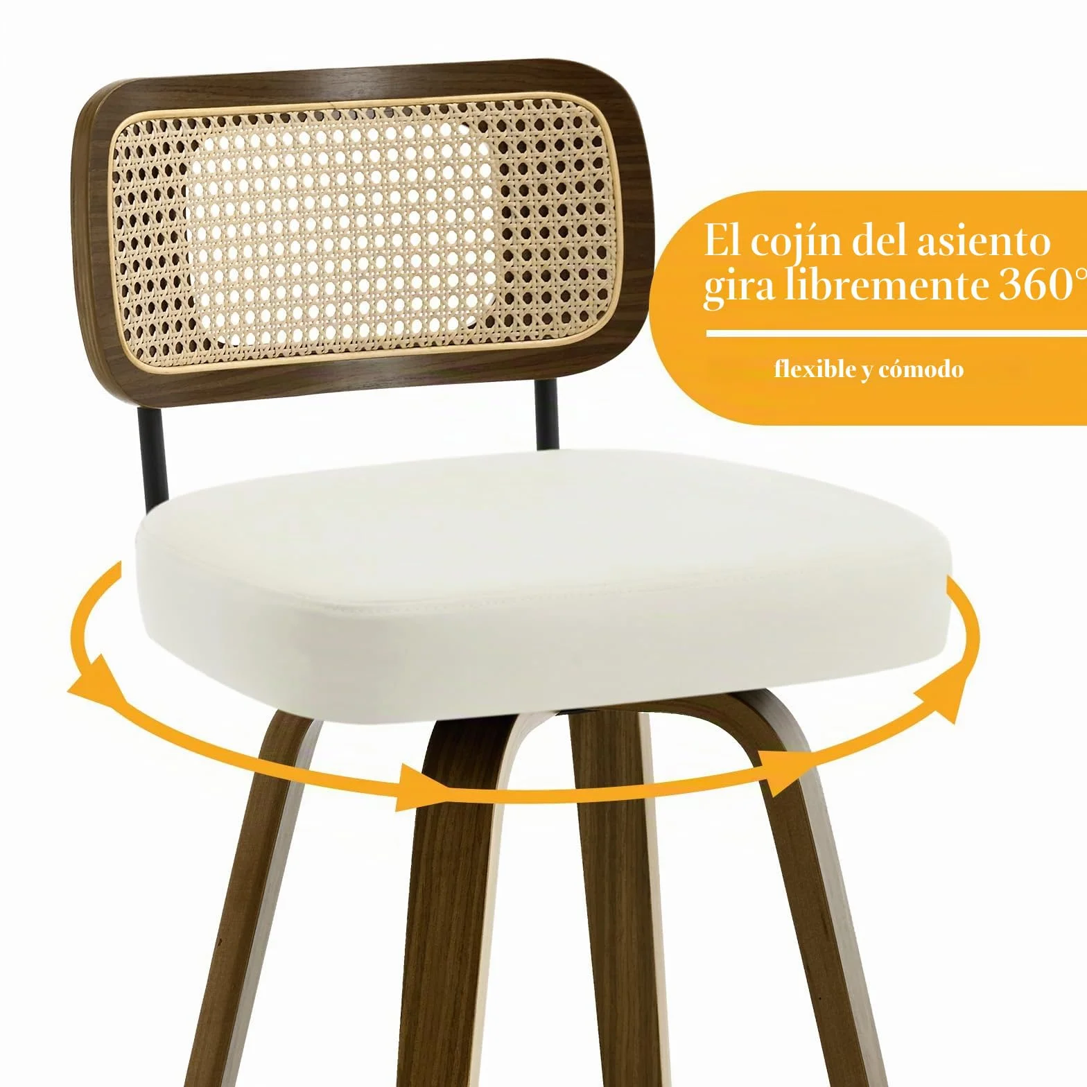 Bekrvio Juego de 2 taburetes giratorios de bar, altura de asiento 65 cm, con respaldo, tapizados en cuero PU y patas de madera de nogal, taburete de mostrador de estilo mid-century con reposapiés de