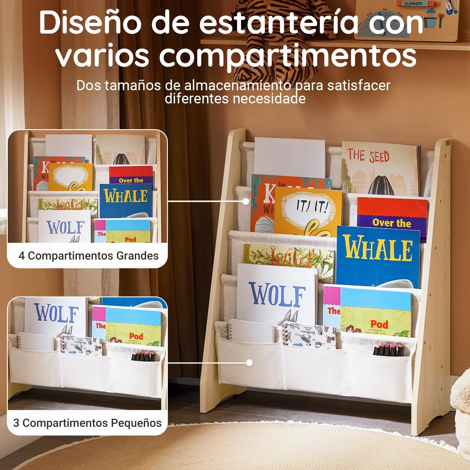 SoBuy Estantería Libros Infantil Montessori 4 Estantes 3 Bolsillos Tela Biblioteca Almacenaje 63x28x76cm