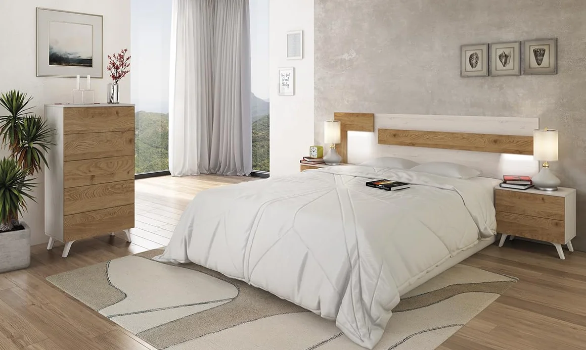 Dormitorio de Matrimonio – Cabecero con Luces LED, 2 Mesitas de Noche y Sinfonier de 5 Cajones – Diseño Nórdico Blanco y Roble.