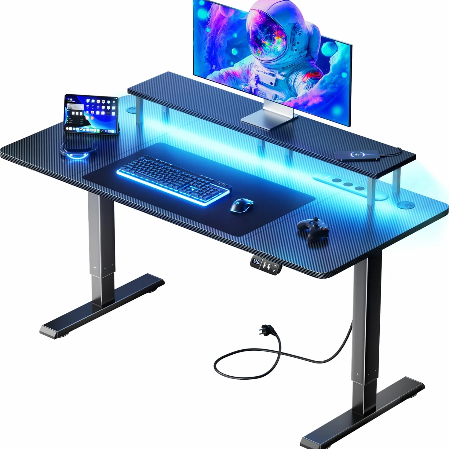 HLFURNIEU Escritorio Elevable Electrico LED 120 x 60 cm, Mesa Gaming con Toma de Corriente, Soporte para Monitor, 2 Control de Memoria, Superficie de Fibra de Carbono, Escritorio Gaming Negro