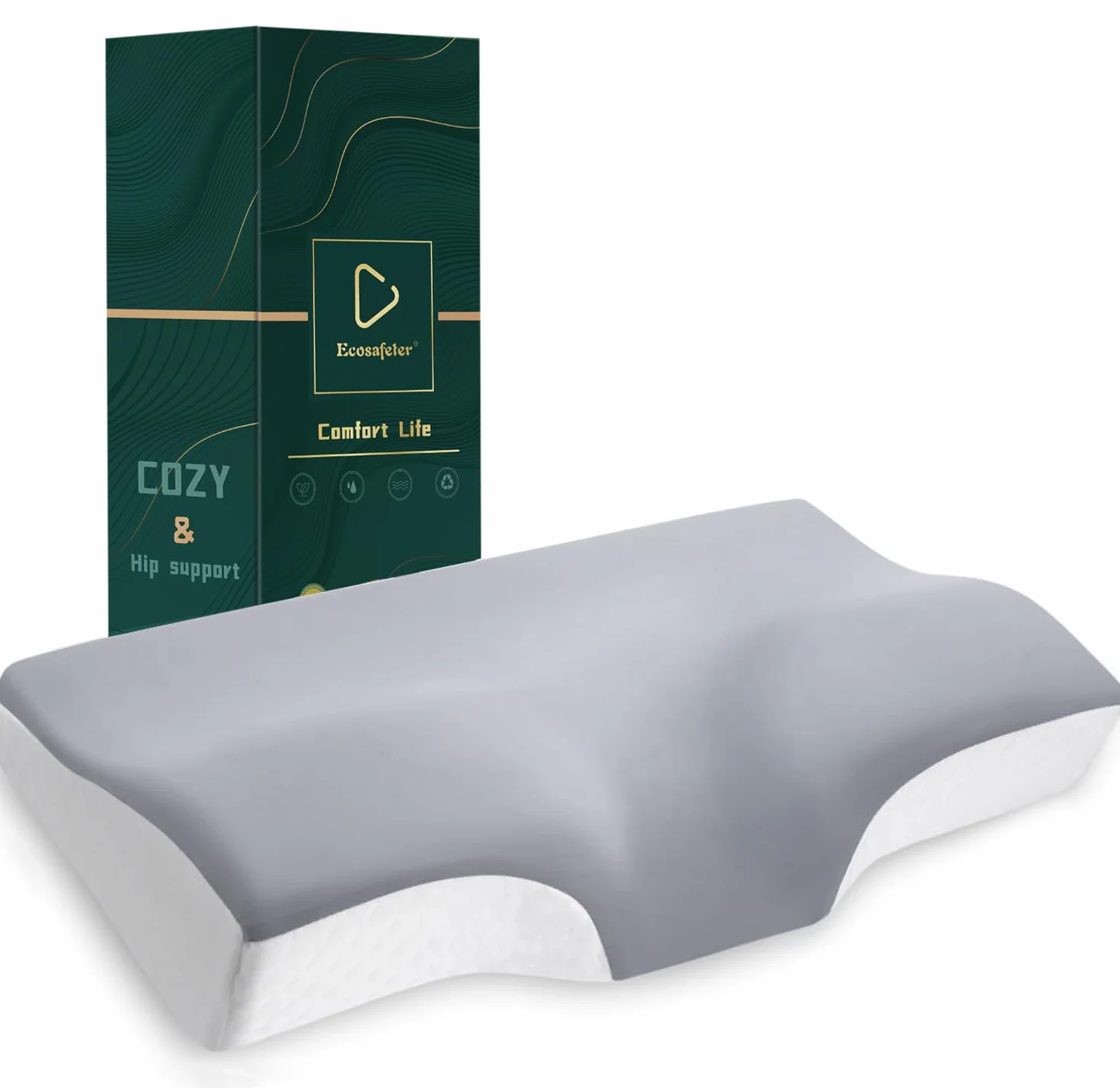 Almohada de espuma viscoelástica, almohada ergonómica para dormir de lado y de espalda, diseño ortopédico para una alineación óptima de la columna vertebral con funda de bambú (gris)