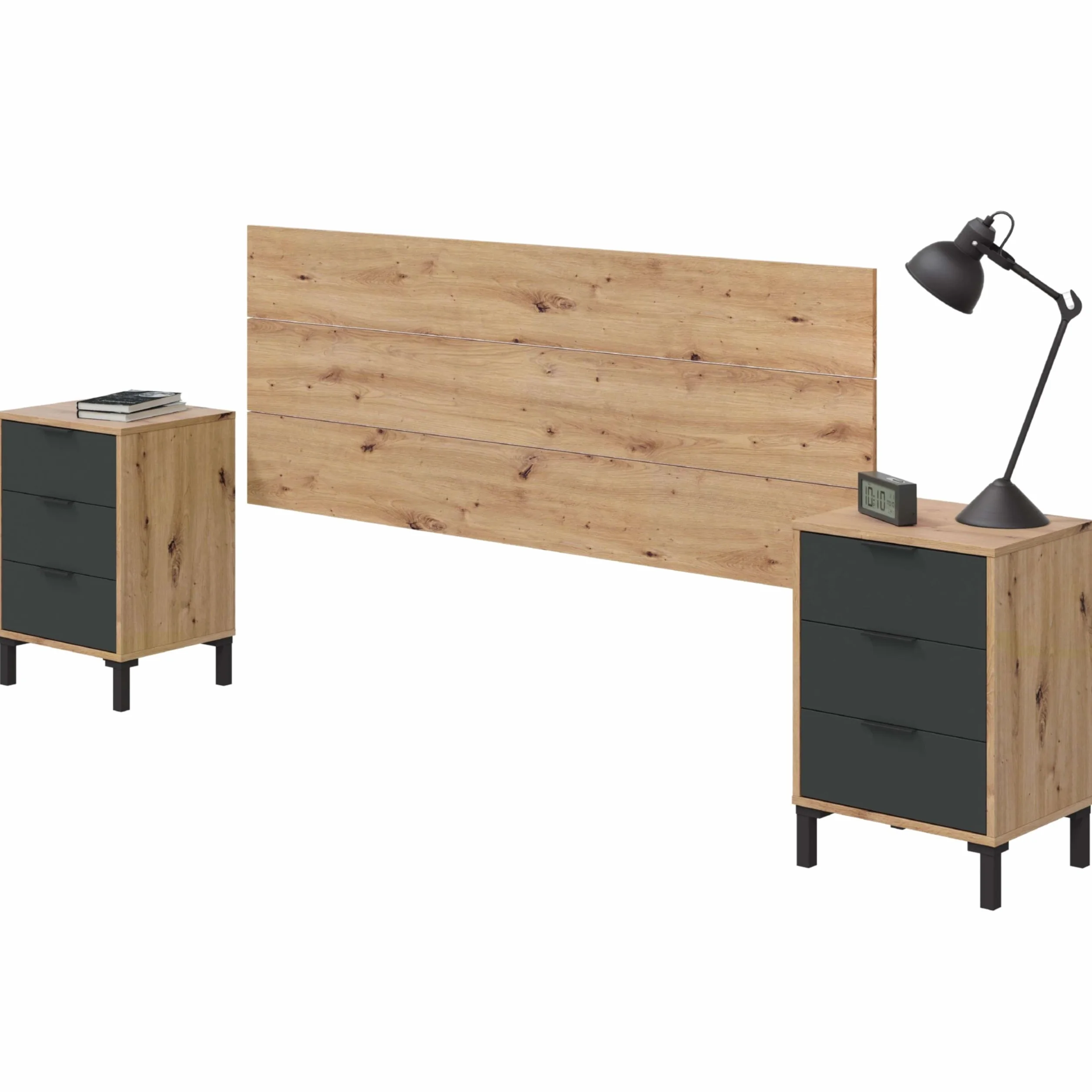 Habitdesign Cabezal + 2 Mesitas y 6 Cajones, 240x74x33 (AnchoxAltoxFondo-en cm), Cabecero Matrimonio y Mesillas Color Roble Nodi y Gris Antracita, Modelo Enzo