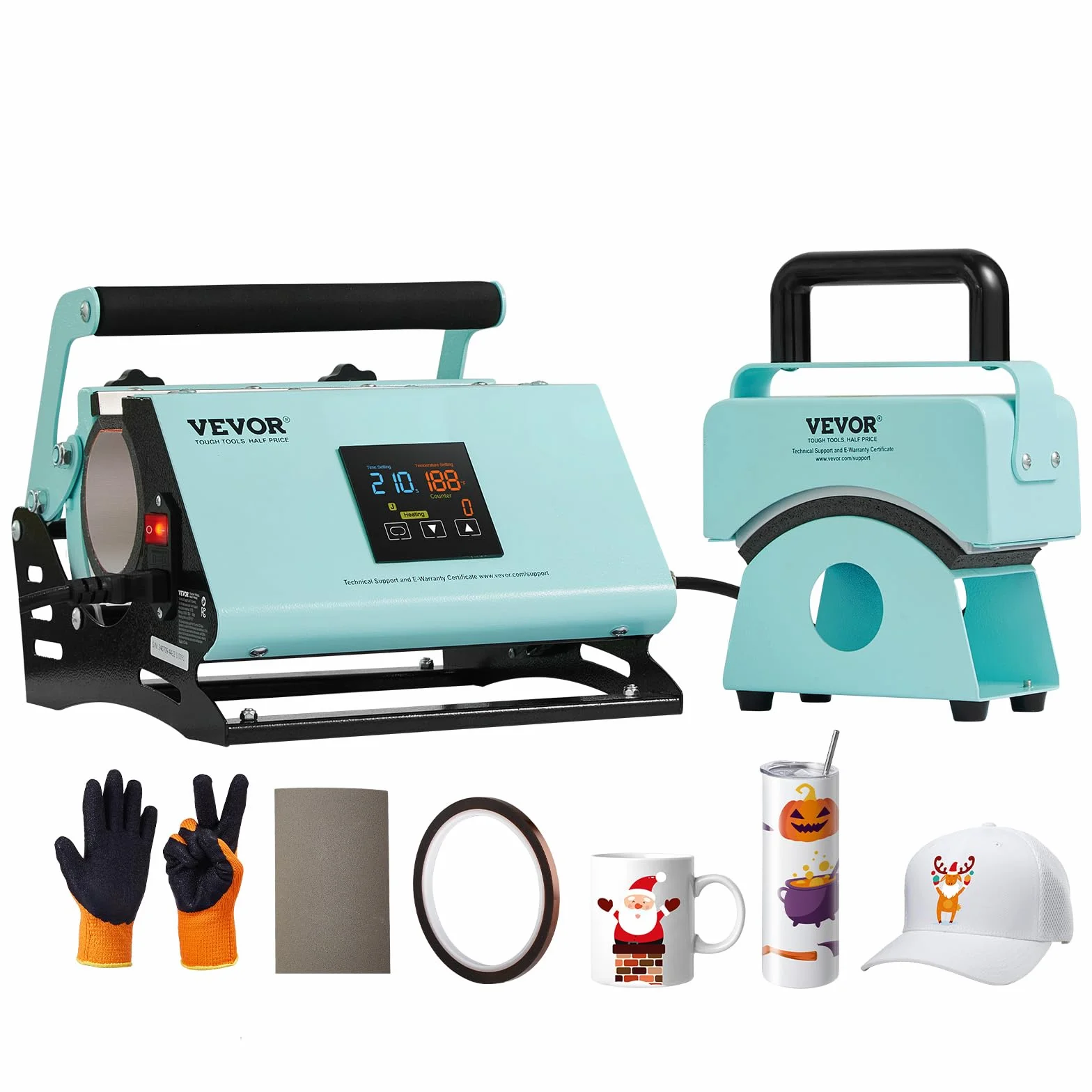 VEVOR 2 en 1 Máquina de Prensado Térmico para Vasos y Gorras Mini Prensa Térmica para Sombreros Prensa Térmica para Vasos y Tazas de Sublimación de 11-30 oz, Control de Temperatura y Tiempo, Verde