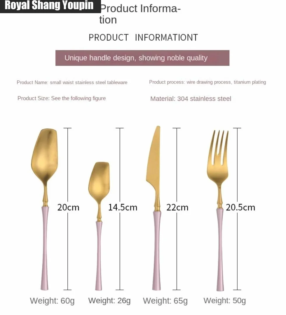 Exquisito Pequeño Cintura Bárbara Oro Rosa Cocina Cubiertos De Acero Inoxidable Vajilla Cubiertos Hogar Restaurantes Banquetes Filete Cuchillo Y Tenedor Cuchara De Ensalada (16 piezas)