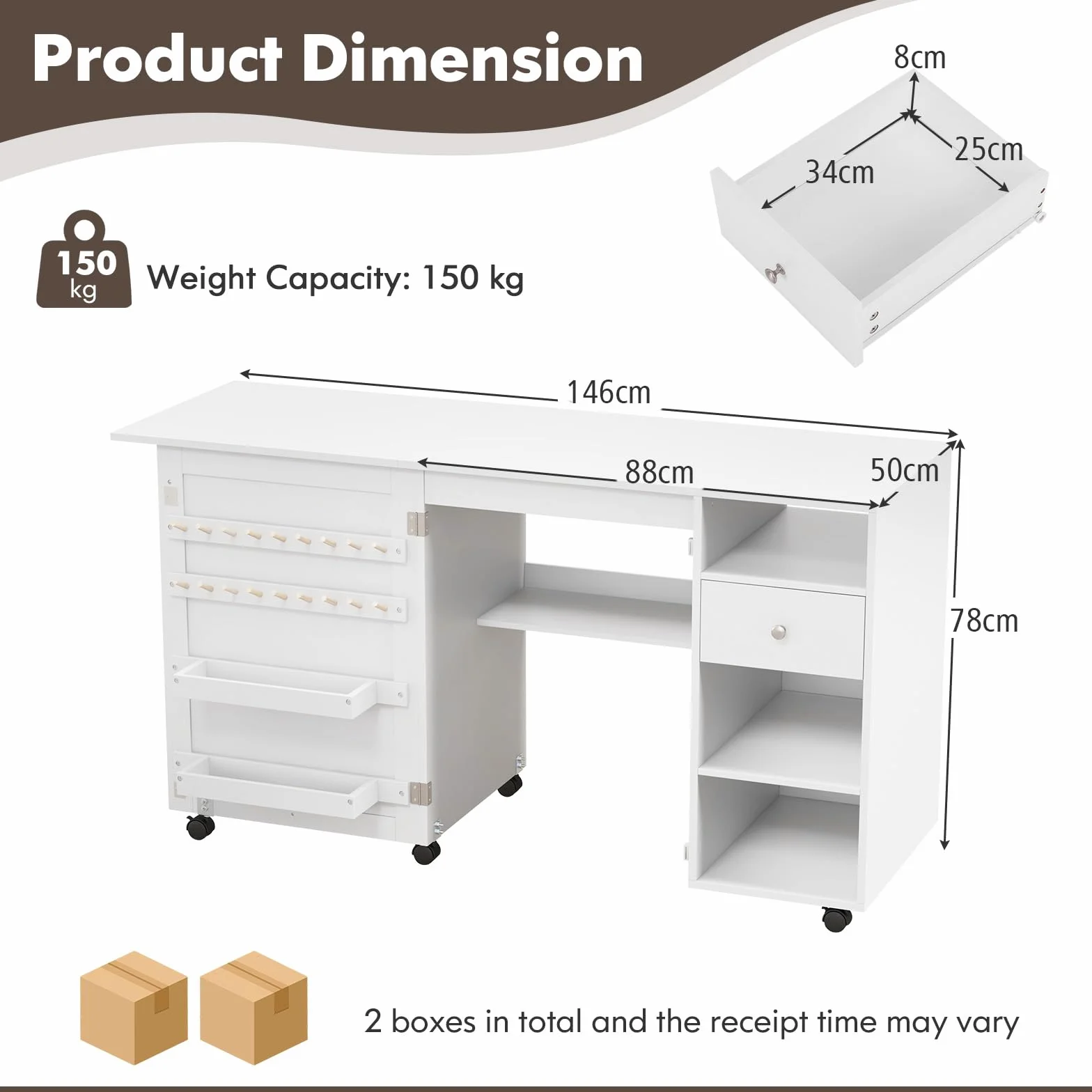 GIANTEX Armario de Costura Plegable con 6 Ruedas, Mesa de Coser con Estantes, Cajón y Soportes para Carretes de Hilo, Mesa Multiusos 2 en 1 para Dormitorio, Salón y Estudio, Blanco