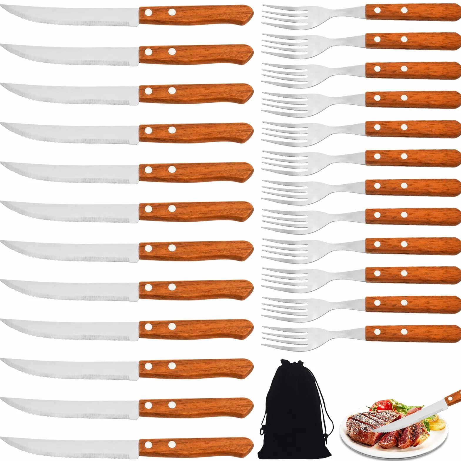 Juego de 24 cubiertos de carne de acero inoxidable con 12 cuchillos de carne y 12 tenedores, con mango de madera, juego de cubiertos para carne, para 12 personas, no apto para lavavajillas