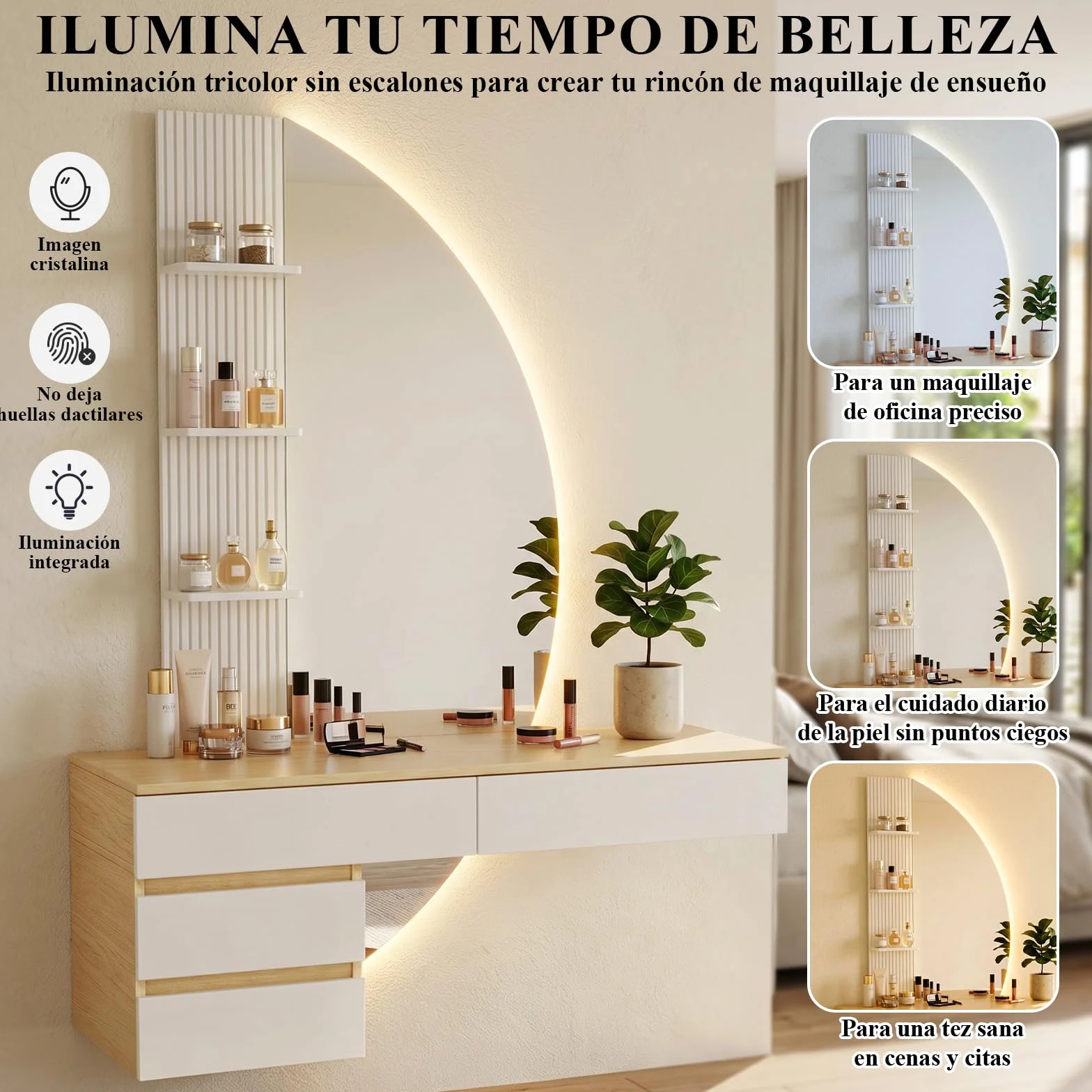 TRIUMPHKEY Tocador de Pared con Espejo en Forma de Media Luna y Luz LED Regulable, Mesa de Maquillaje Flotante con 4 Cajones y 3 Estantes, Tocador Moderno de Ahorro de Espacio para Dormitorio (Blanco)