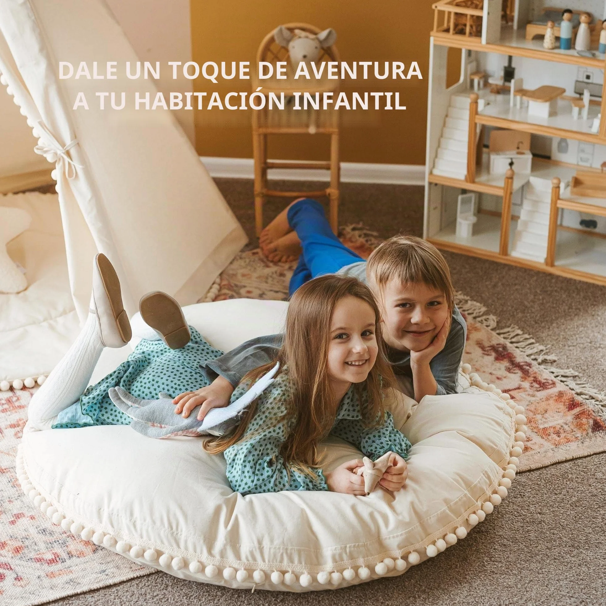 MINICAMP Cojines Grandes para Niños - Puff Ultra Esponjoso c/Relleno y Funda Lavable - Bonito Sofá Suelo, Cojín de Lectura p/Niños y Adolescentes - 100% Algodón - 100 cm Ancho! (Beige)